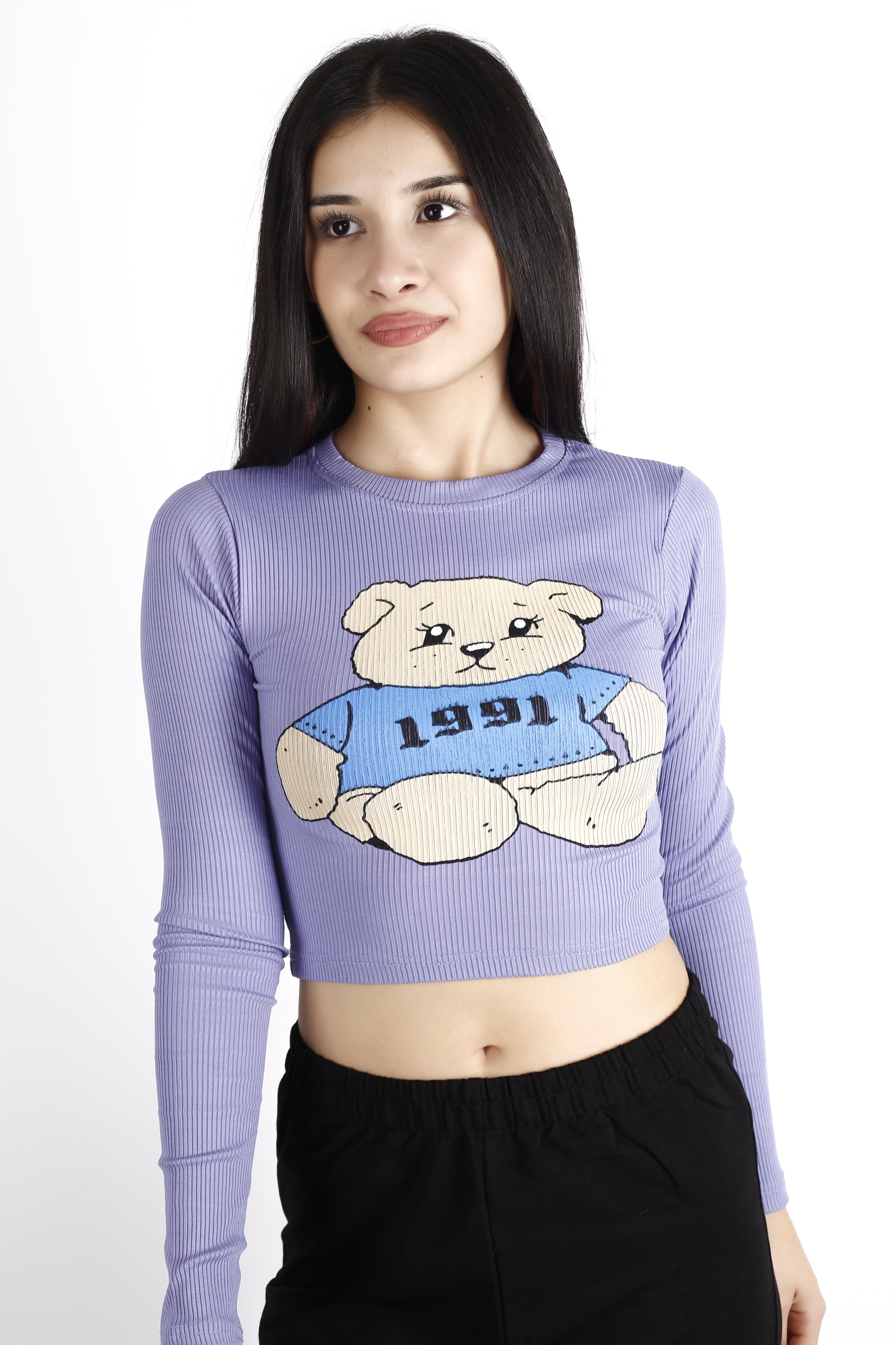 Kadın Lila 1991 Ayıcık Baskılı Retro Fitilli Uzun Kollu Crop İnce Kazak 22KKZKMIZI