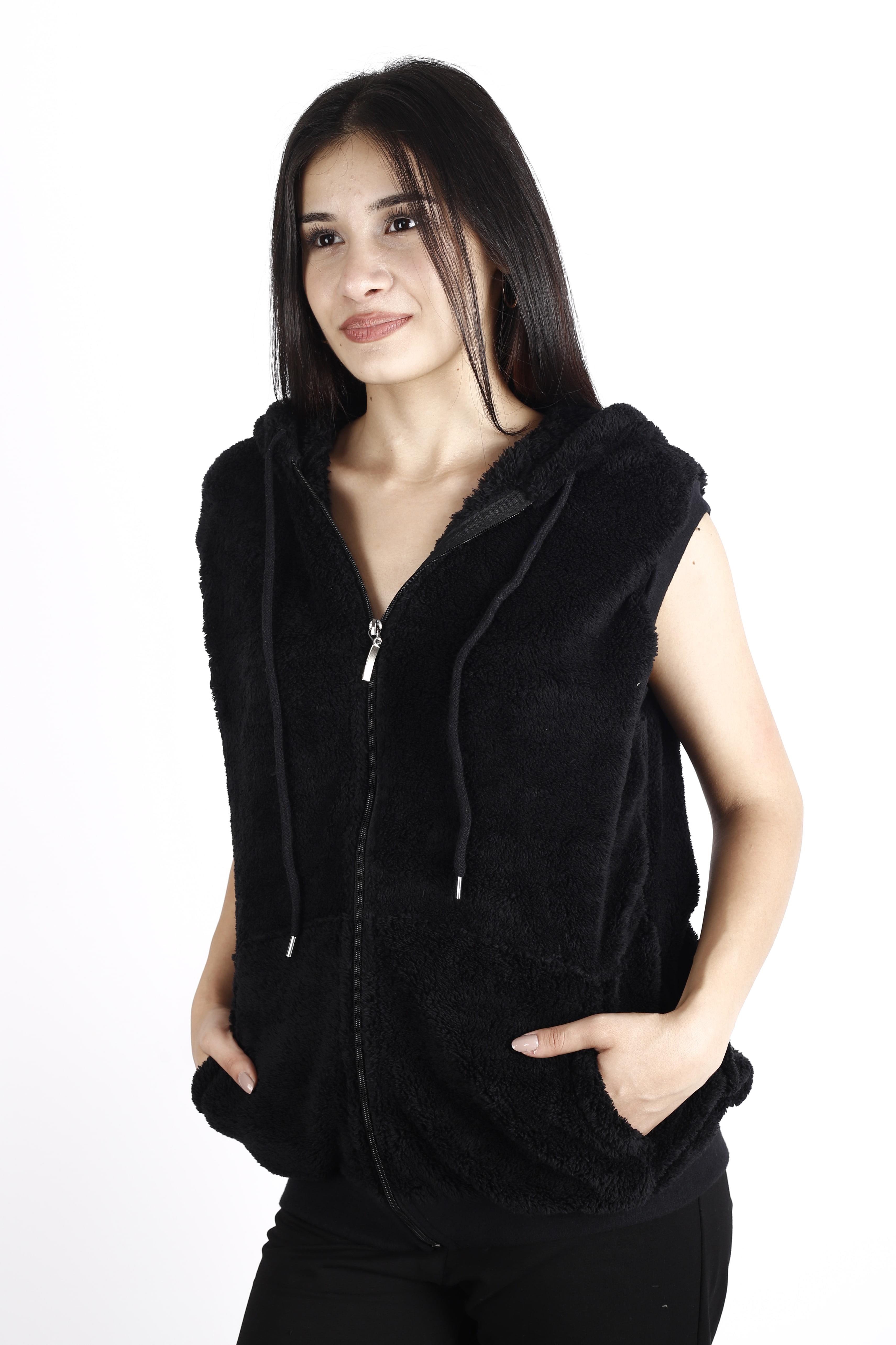 Kadın Siyah Peluş Yumoş Fermuarlı Kapüşonlu Yelek 22KYLKK205