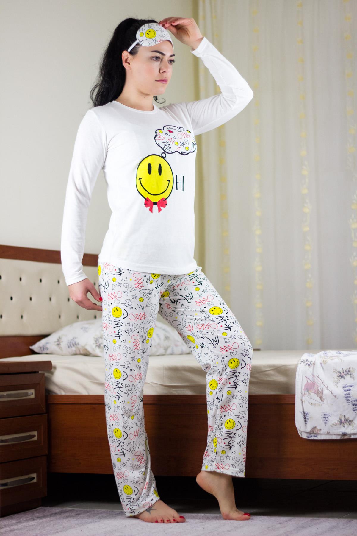 Kadın Beyaz Gülücük Smile Hi Baskılı Pamuklu Uzun Kollu Pijama Takımı 21KPJTHI01