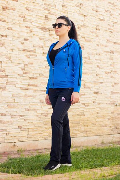 Kadın Mavi Fermuarlı Kapüşonlu Dalgıç Scuba Kumaş Spor Eşofman Takımı 21KESTAX11