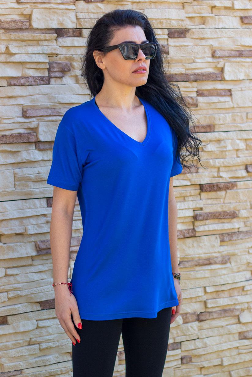 Kadın Mavi Kısa Kollu İnce Viskon Kumaş Yırtmaçlı Tunik 22KTNKYISS