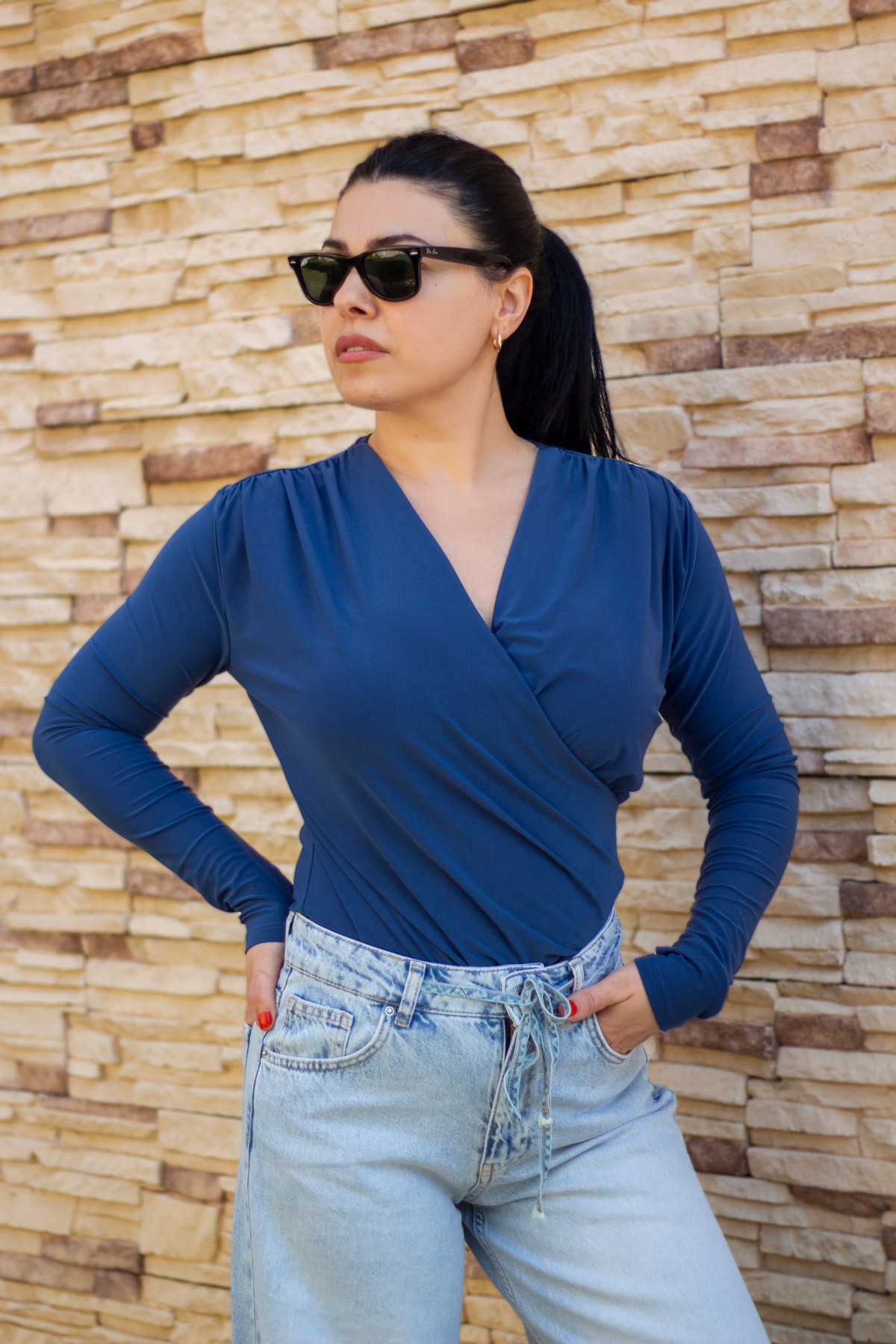 Kadın Mavi Kruvaze Kapamalı Sandy Kumaş Bluz 25KBLZ4058