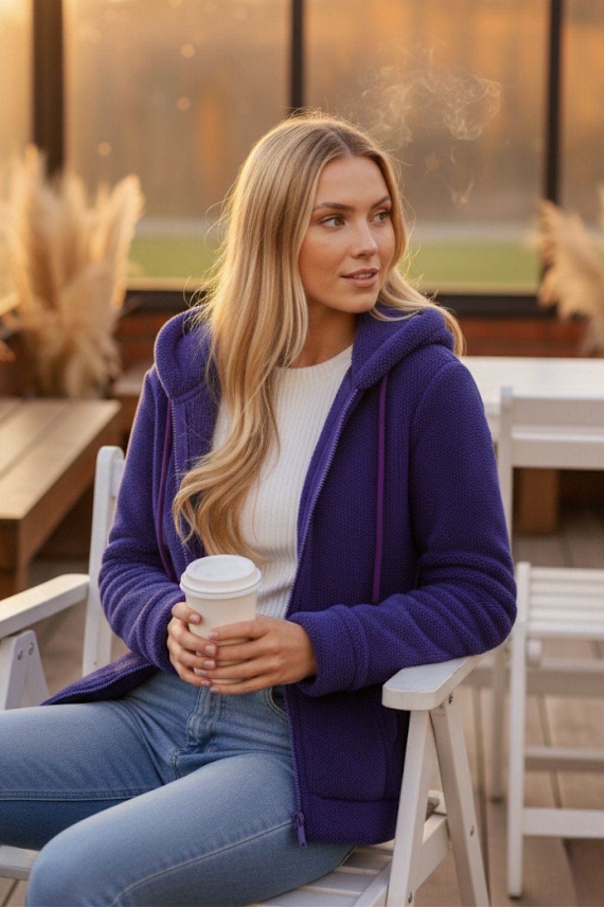 Kadın Mor Peluş Yumoş Fermuarlı Kapüşonlu Cepli Welsoft Ceket 22KCKTERES