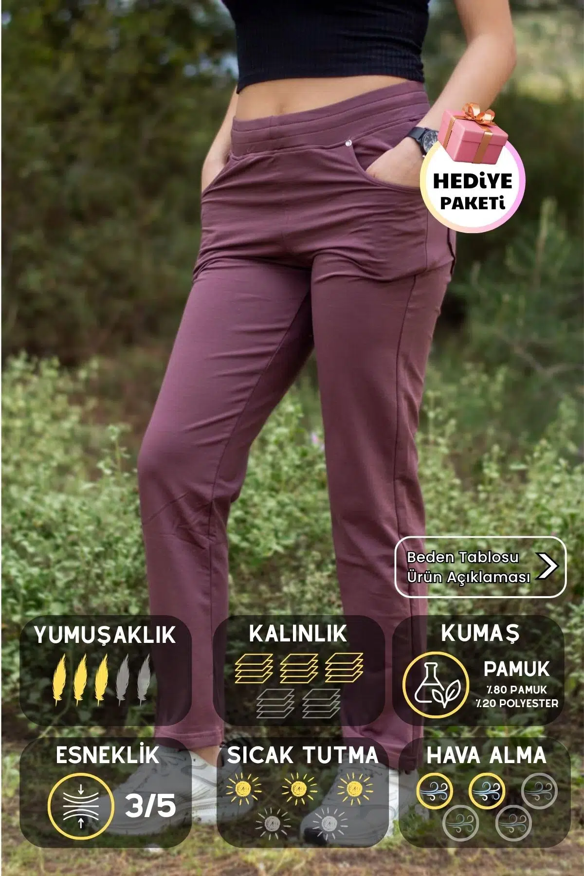 Kadın Mürdüm Ön Arka Cep Gizli İpli Lastikli Rahat Pantolon Eşofman Altı 21KESAPANT