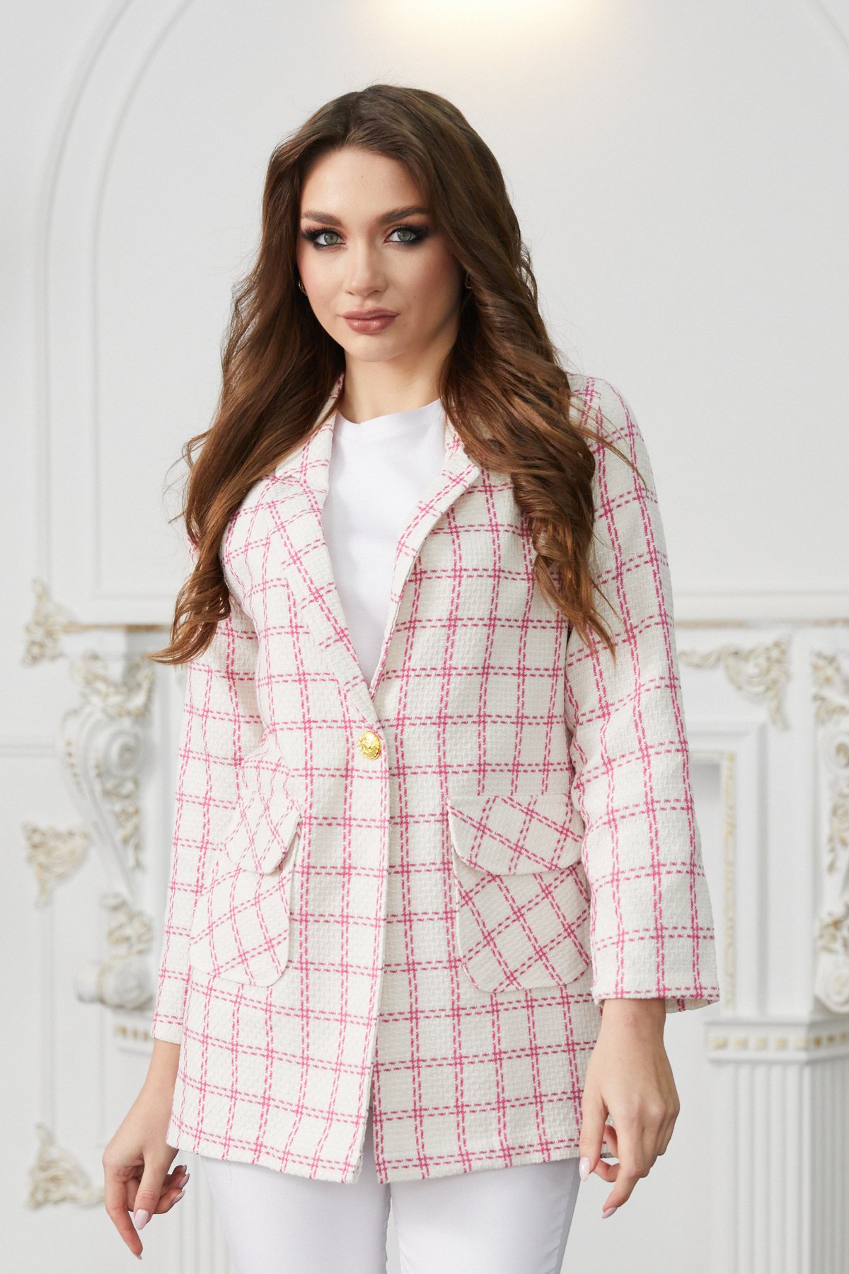 Kadın Ekru Pembe Çift Cepli Düğmeli Ekose Ceket 23KCKTZ186