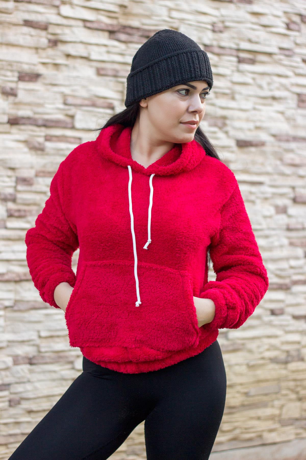 Kadın Kırmızı Kanguru Cep Bel Lastikli Kapüşonlu Yumoş Peluş Sweatshirt 21KSWTKOZZ