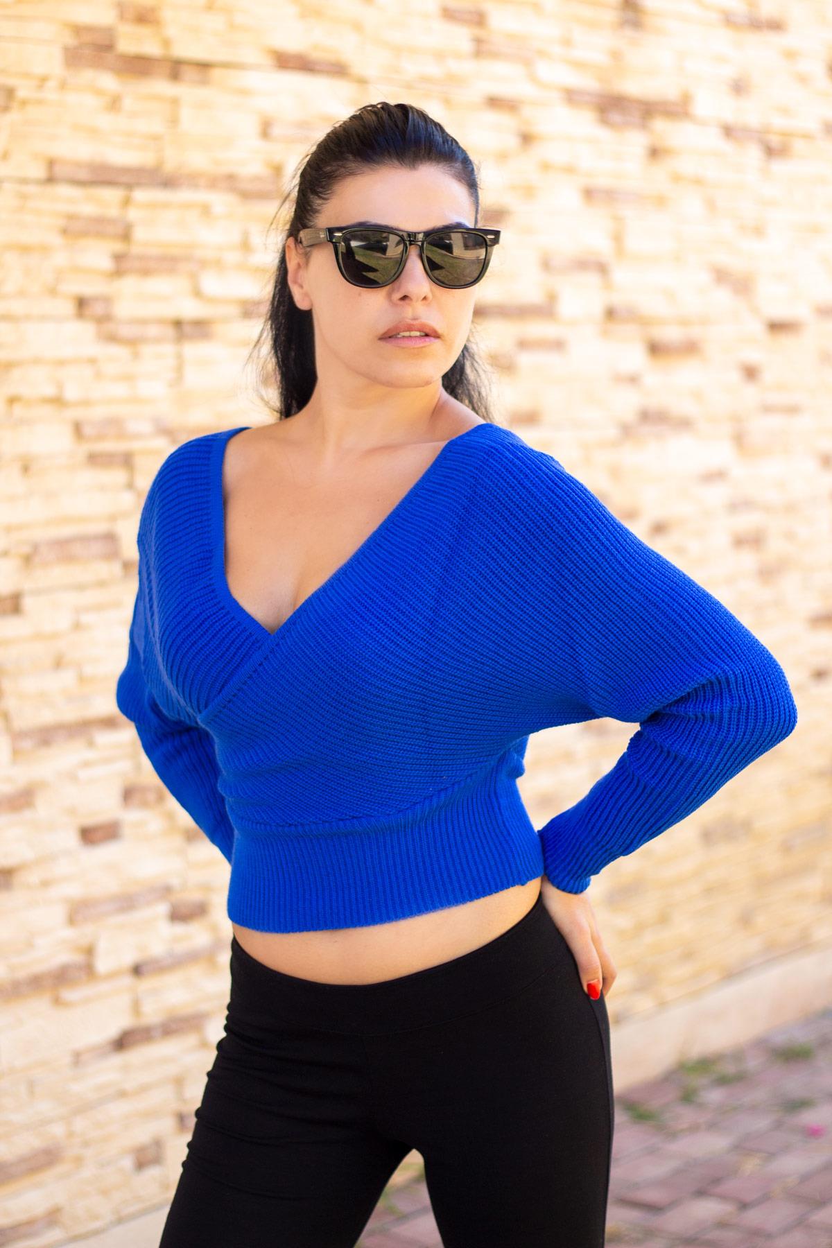 Kadın Saks Kruvaze V Yaka Fitilli Tiko Kazak 21KKZKKRVZ