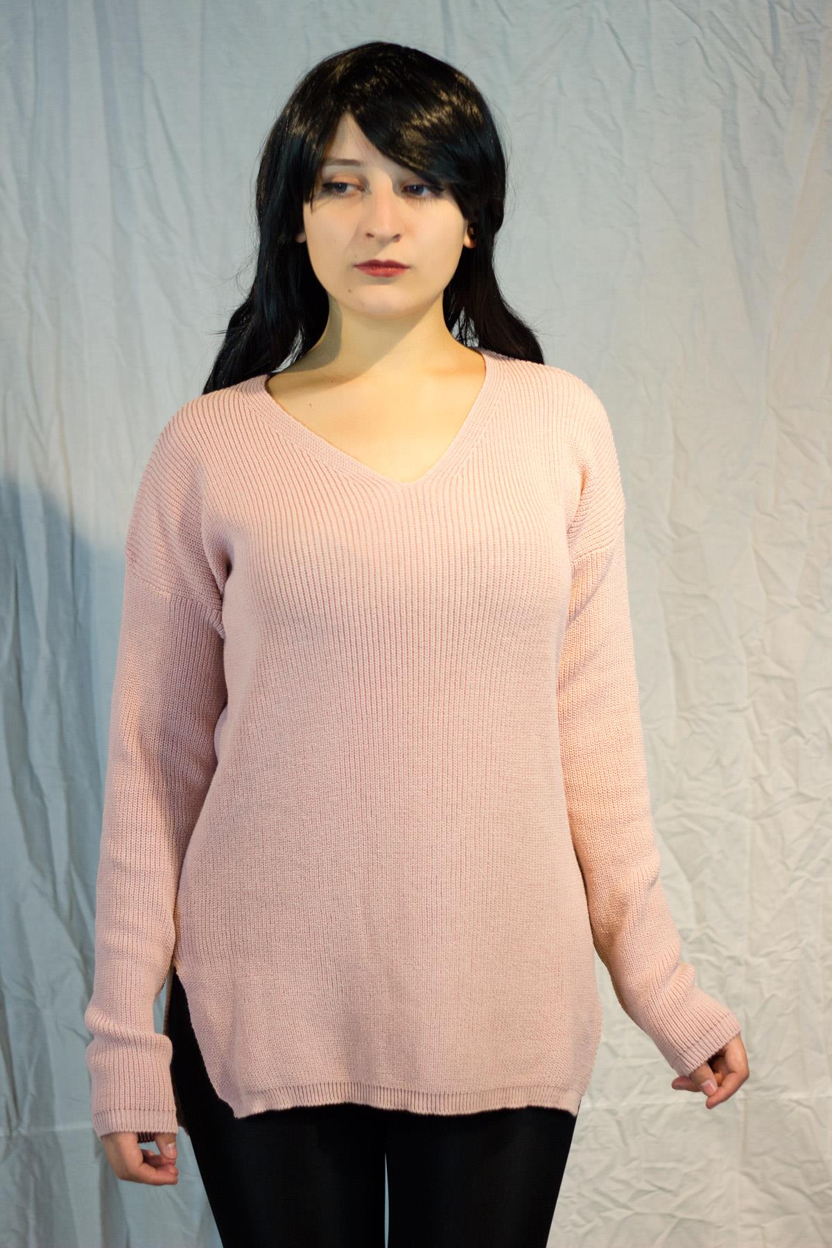 Pudra V Yaka Yırtmaçlı Fitilli Triko Kadın Kazak 20KKZKYRTC