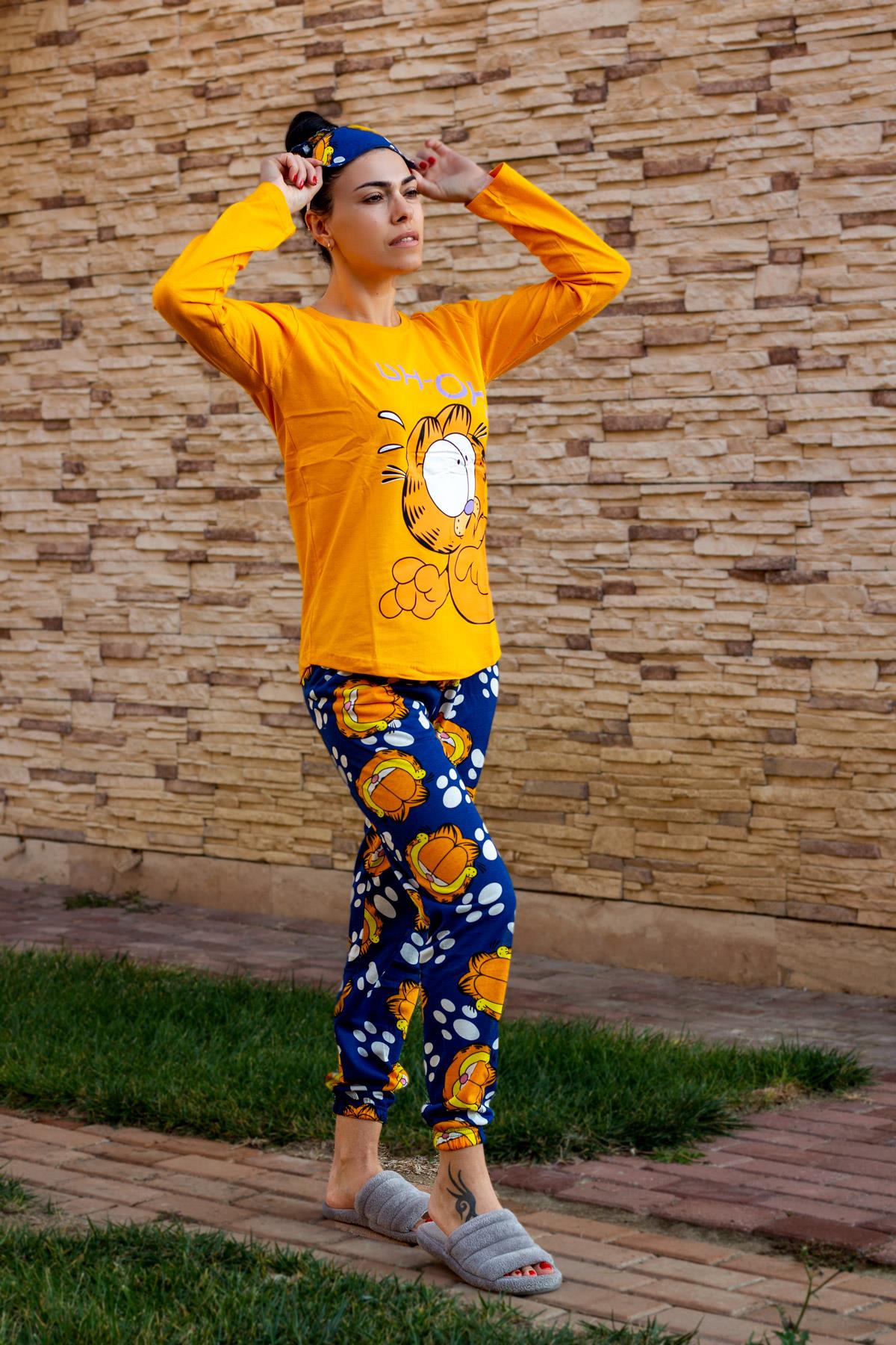 Kadın Sarı Garfield Baskılı Paça Lastikli İnce Pijama Takımı 22KPJTGARF