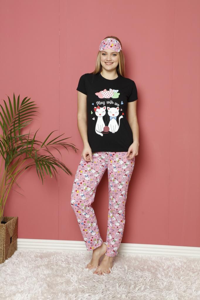 Kadın Siyah Kedi Play With Me Baskılı Pamuklu Kısa Kollu Pijama Takımı 21KPJTKEDI