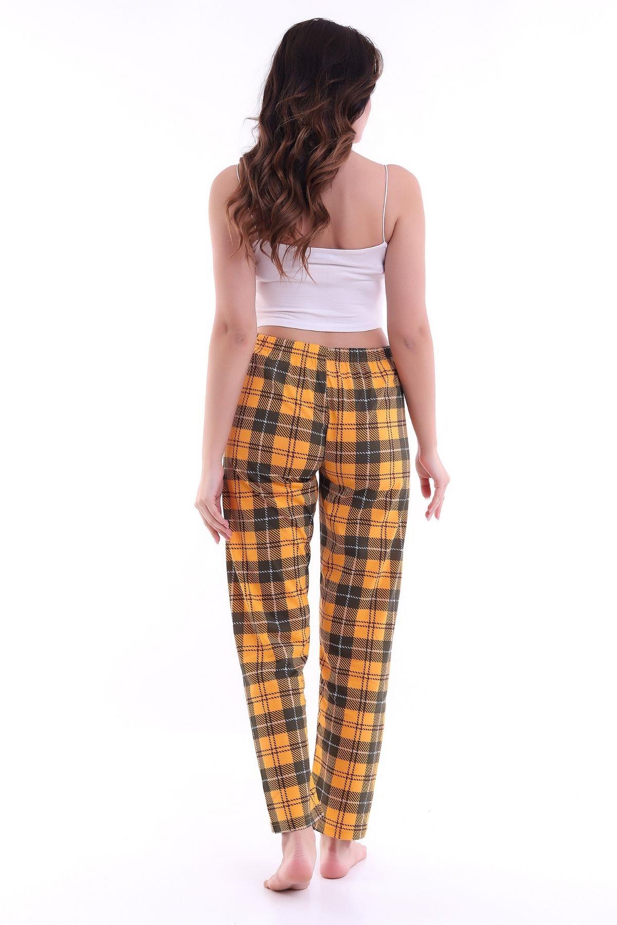 Kadın Sarı Kurdele Süslü Ekose Desen Pijama Altı 22KPJAEKOS