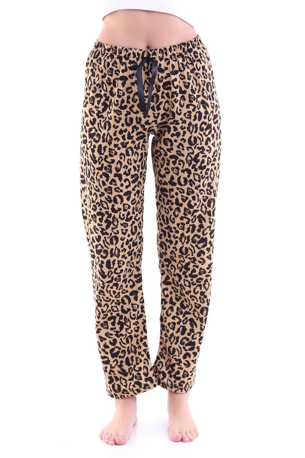 Kadın Sarı Kurdele Süslü Leopar Desen Pijama Altı 22KPJALEOP