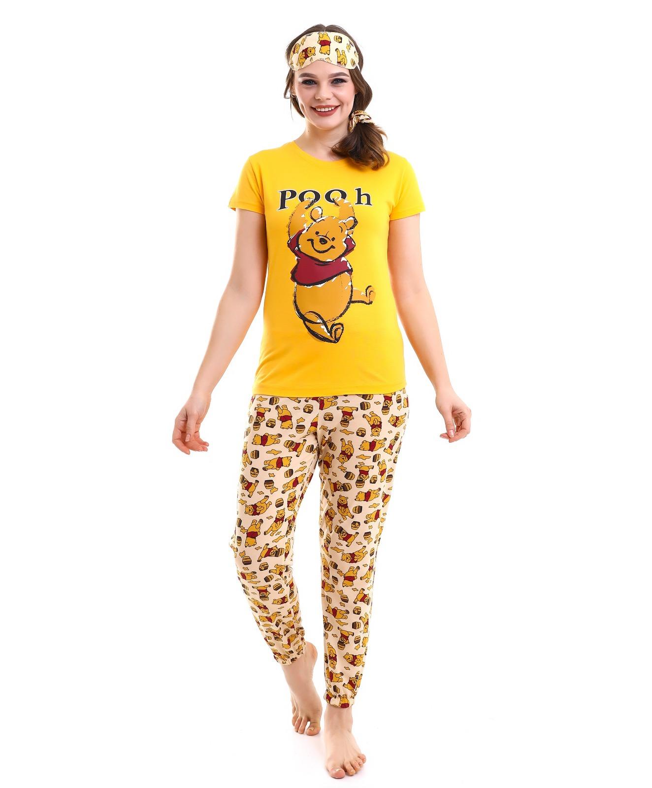 Kadın Sarı Pooh Baskılı Ayıcık Desenli Lastikli Kısa Kol Pijama Takımı 23KPJTPOOH