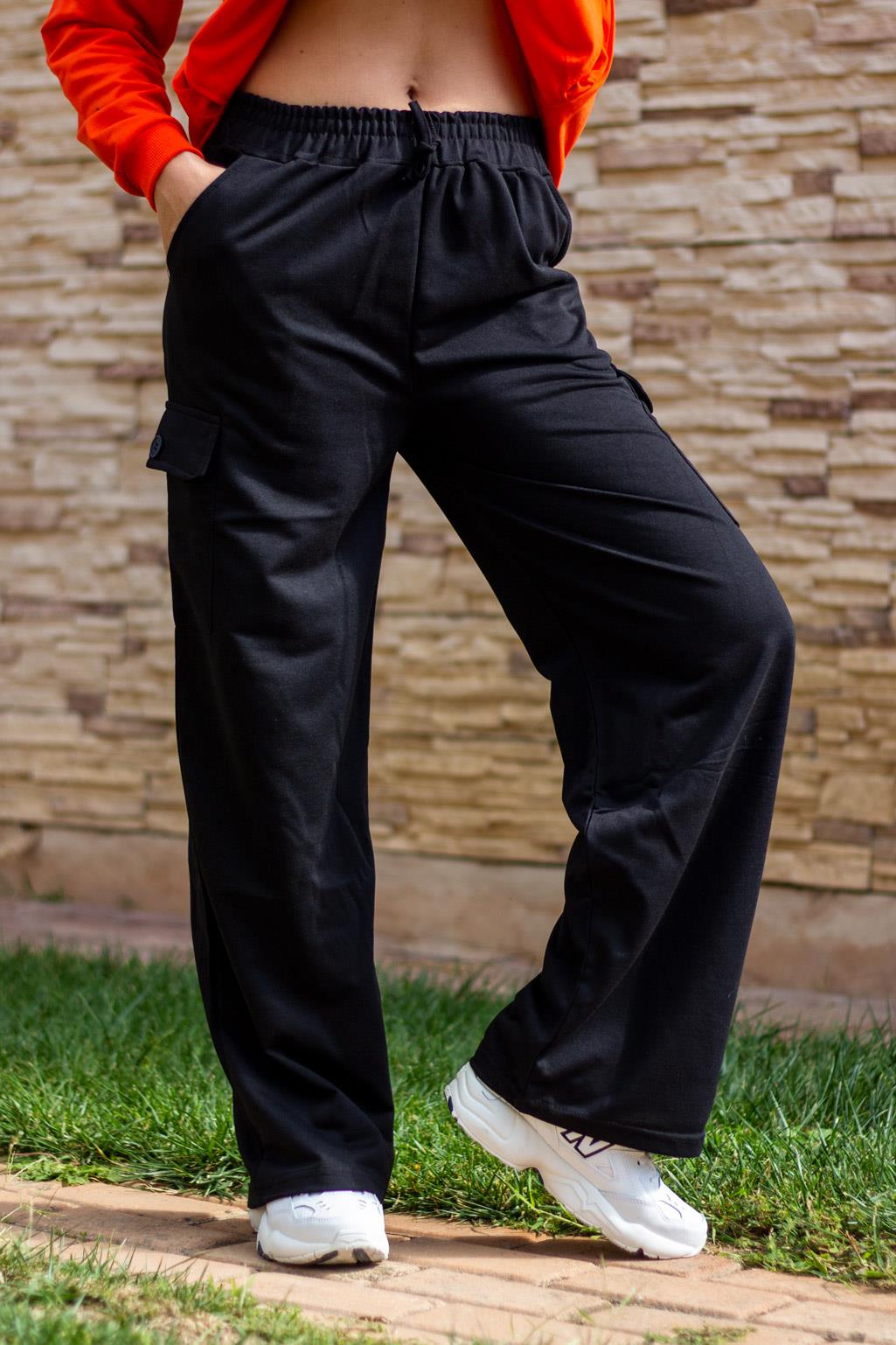 Kadın Siyah 2 İki İplik Kargo Cep Pol Paça Rahat Eşofman Altı 23KESAX501