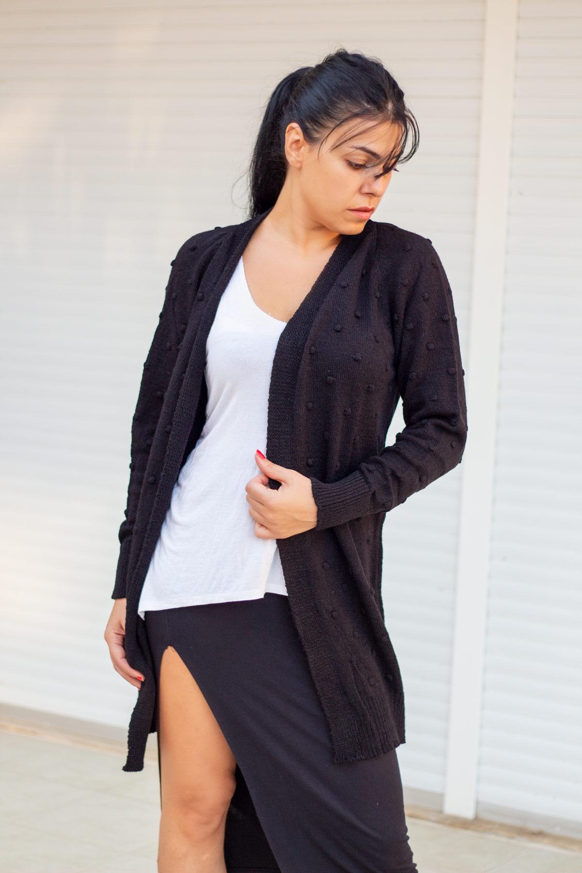 Kadın Siyah Ajurlu Örgü Triko Hırka Ceket 21KHRKPNTY