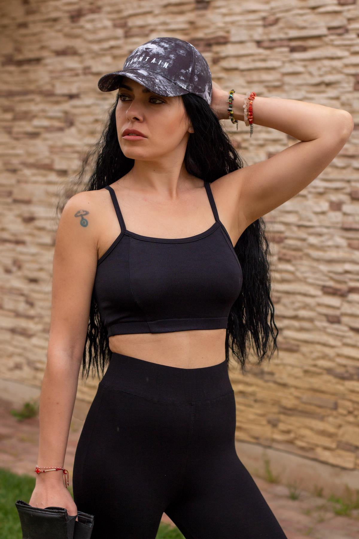 Kadın Siyah Askılı Fitilli Crop Örme Basic Atlet 22KATLCROP