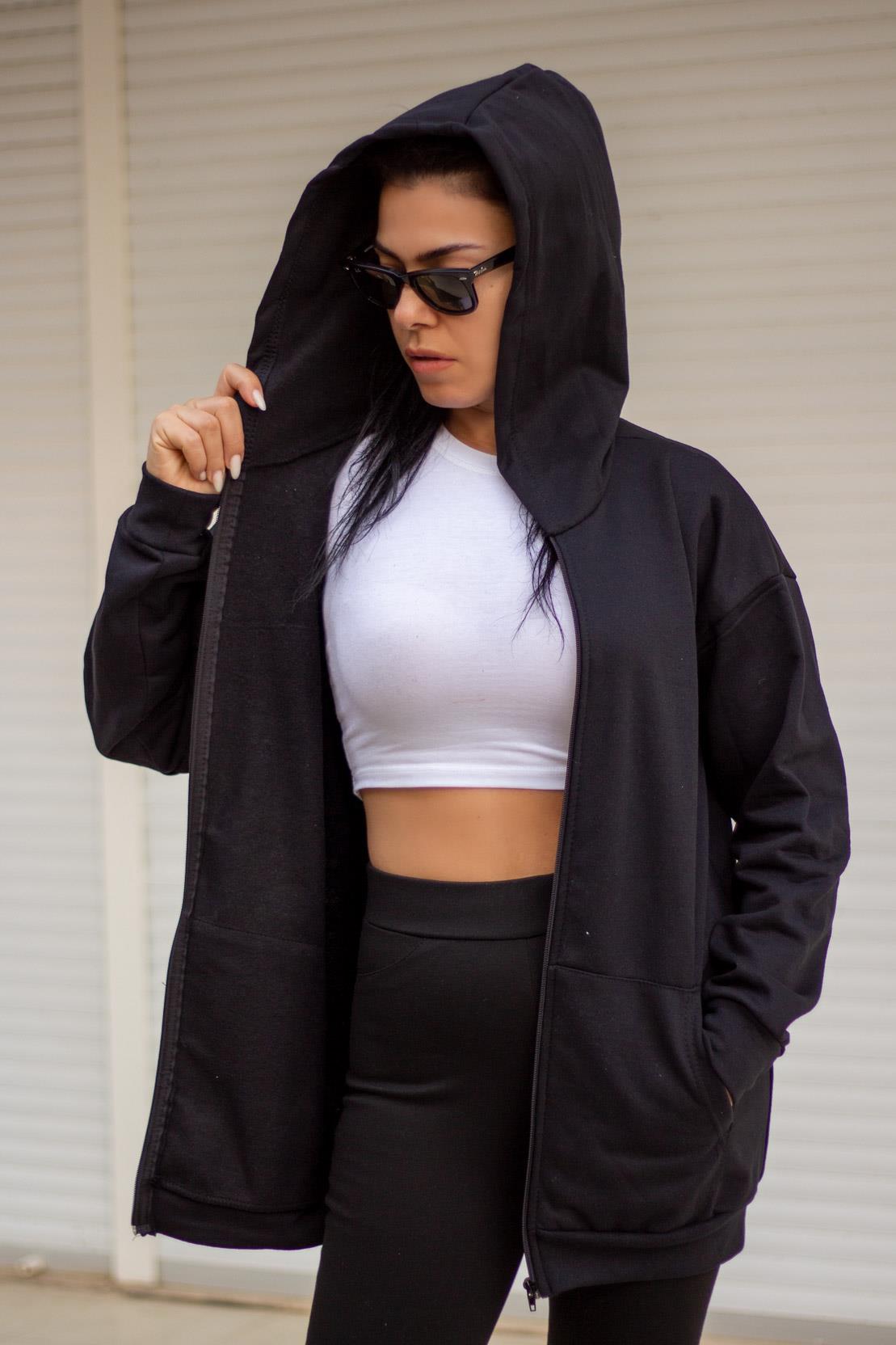 Kadın Siyah Baskısız Basic Oversize Fermuarlı Kapüşonlu Uzun Kollu Kalın Ceket Sweatshirt 23KCKTFORM