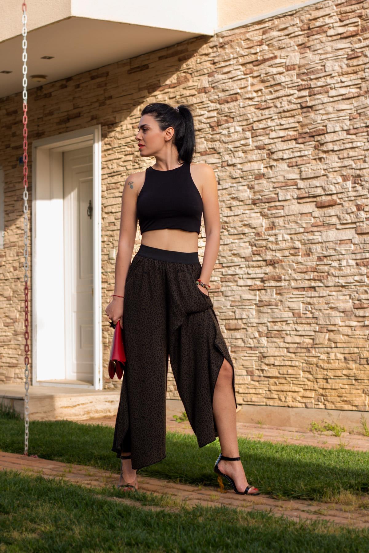 Kadın Haki Beli Lastikli Alaçatı Model Kulaklı Leopar Şalvar 22KPNTPACA