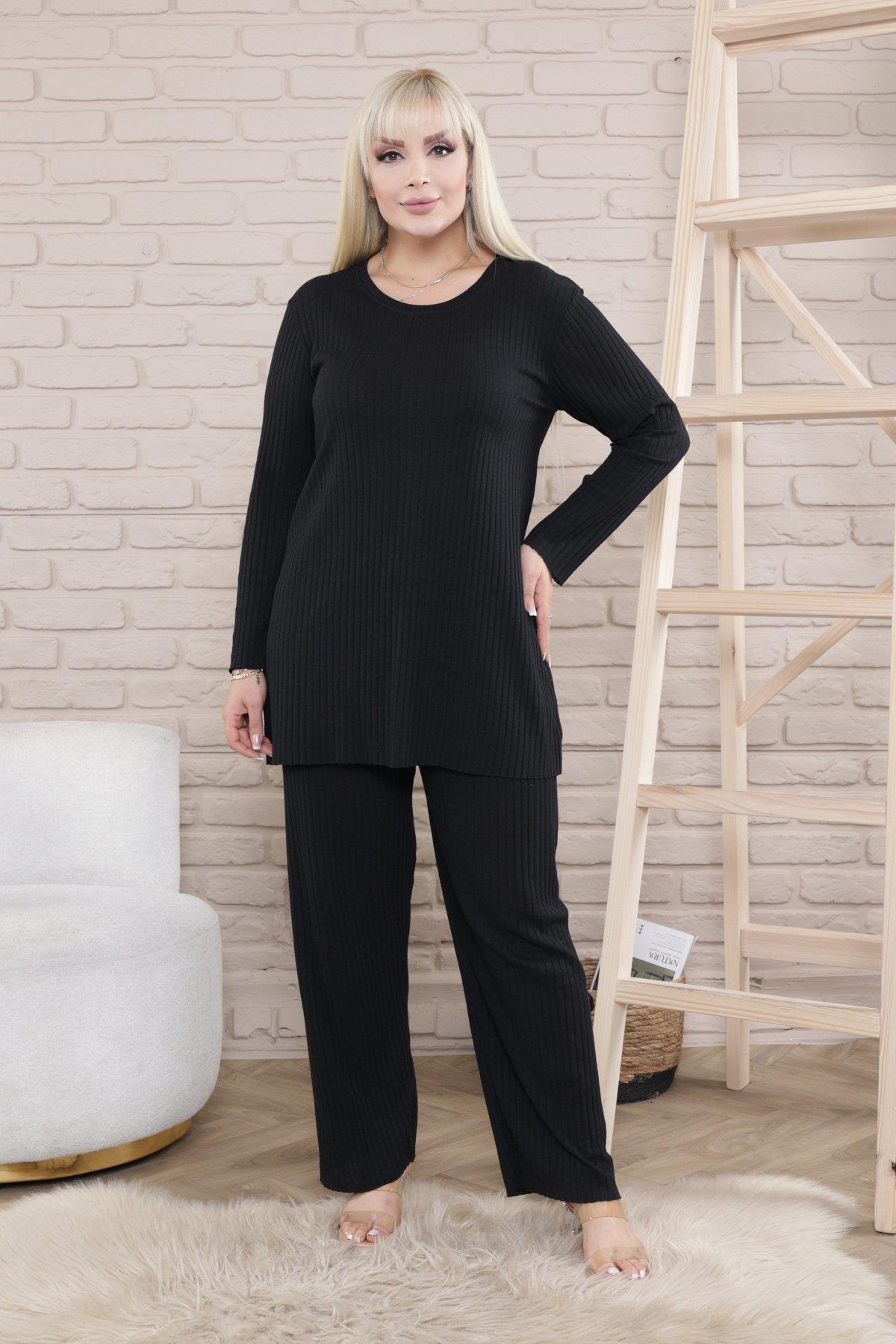 Kadın Siyah Büyük Beden Battal Uzun Kollu Pamuk Fitilli Pijama Takımı 23KPJTKUZU