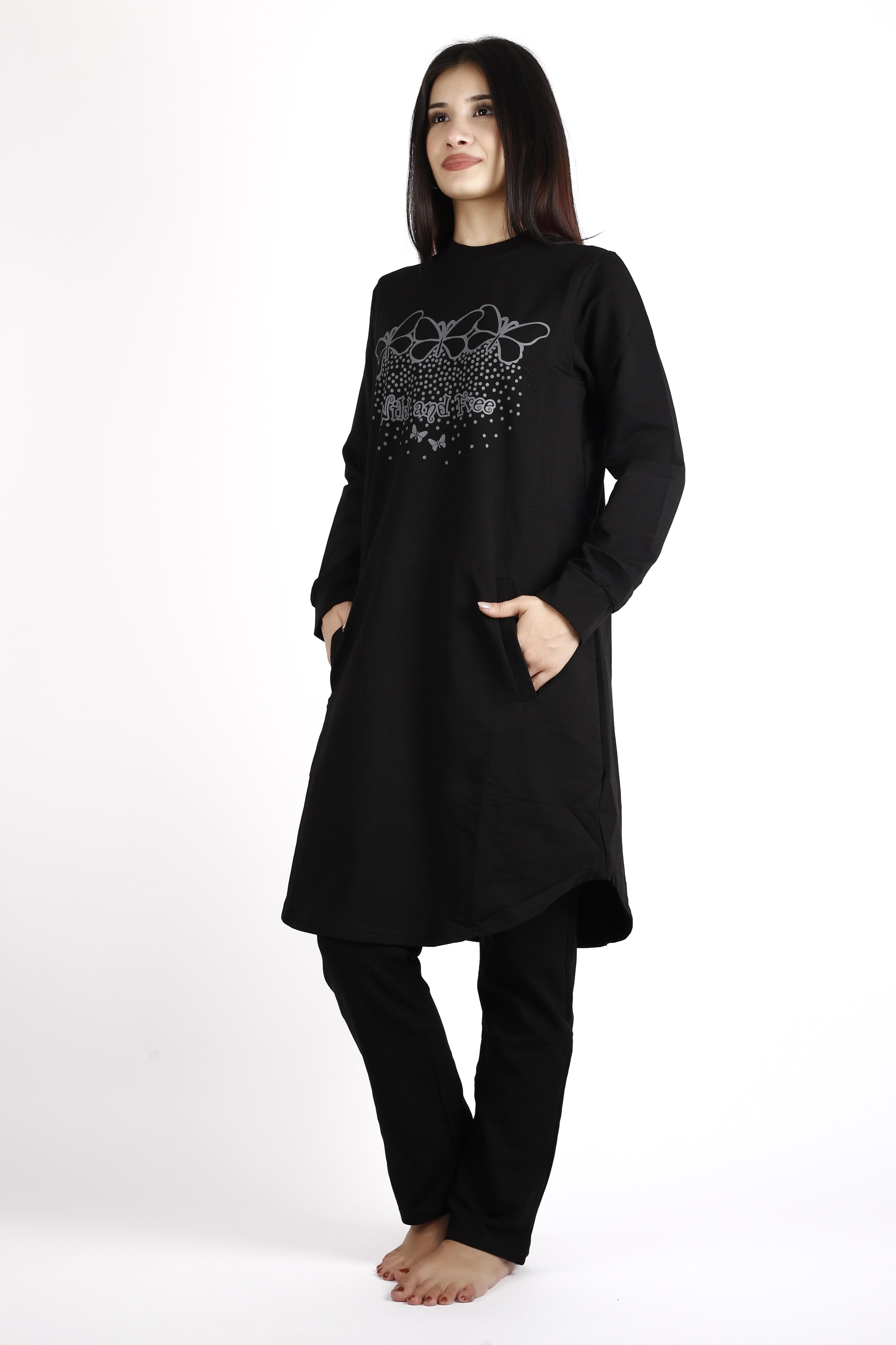 Kadın Siyah Düz Paça Baskılı Basic Penye Tesettür Alt Üst Takım 22KTTMATAK