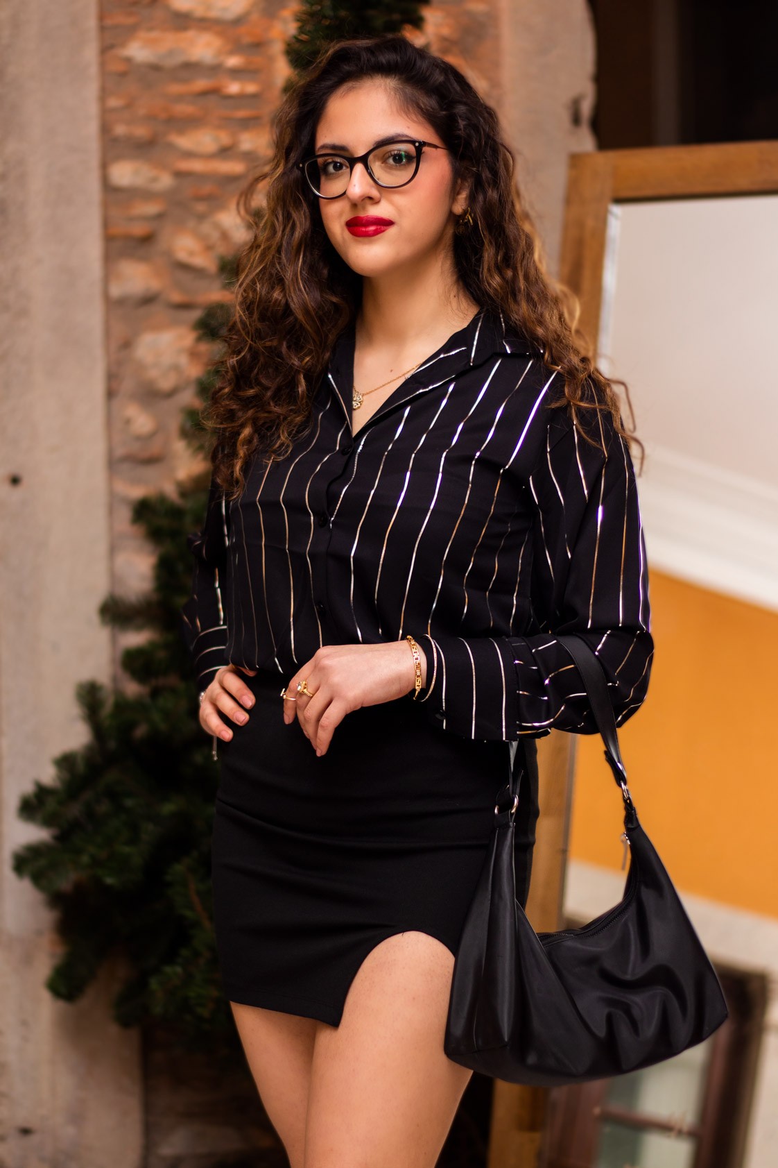 Kadın Siyah Jesica Parlak Gümüş Varak Çizgili İtal Jakar Kumaş İnce Gömlek 25KGMLP009