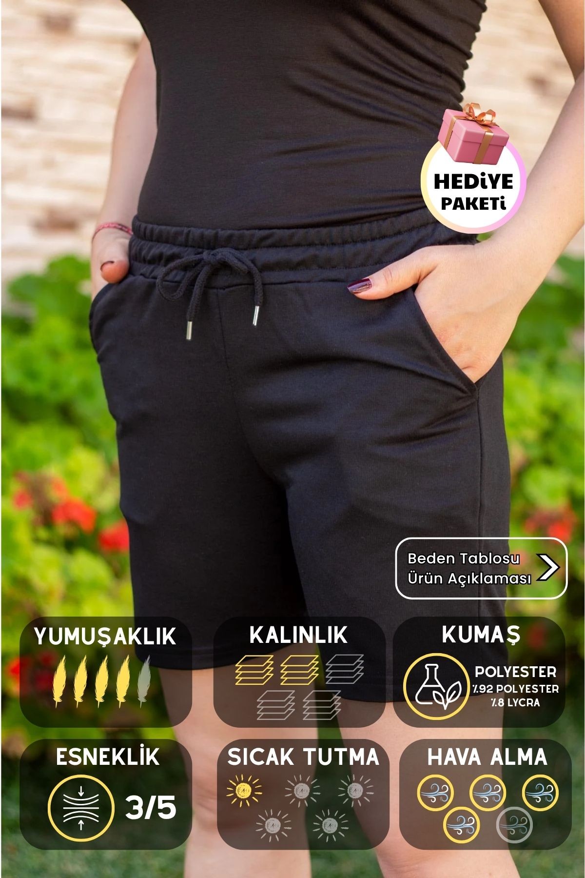 Kadın Siyah Kısa Penye Belden İpli Şort 21KSRTKPEN