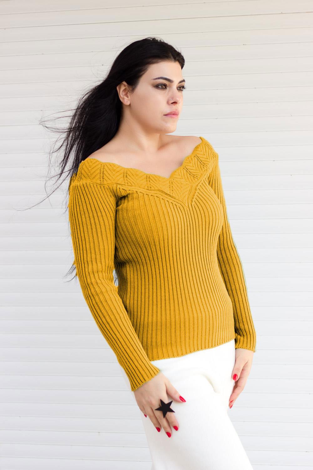 Kadın Hardal Ön Arka V Yaka Fitilli Tiko Kazak 20KKZKVALK