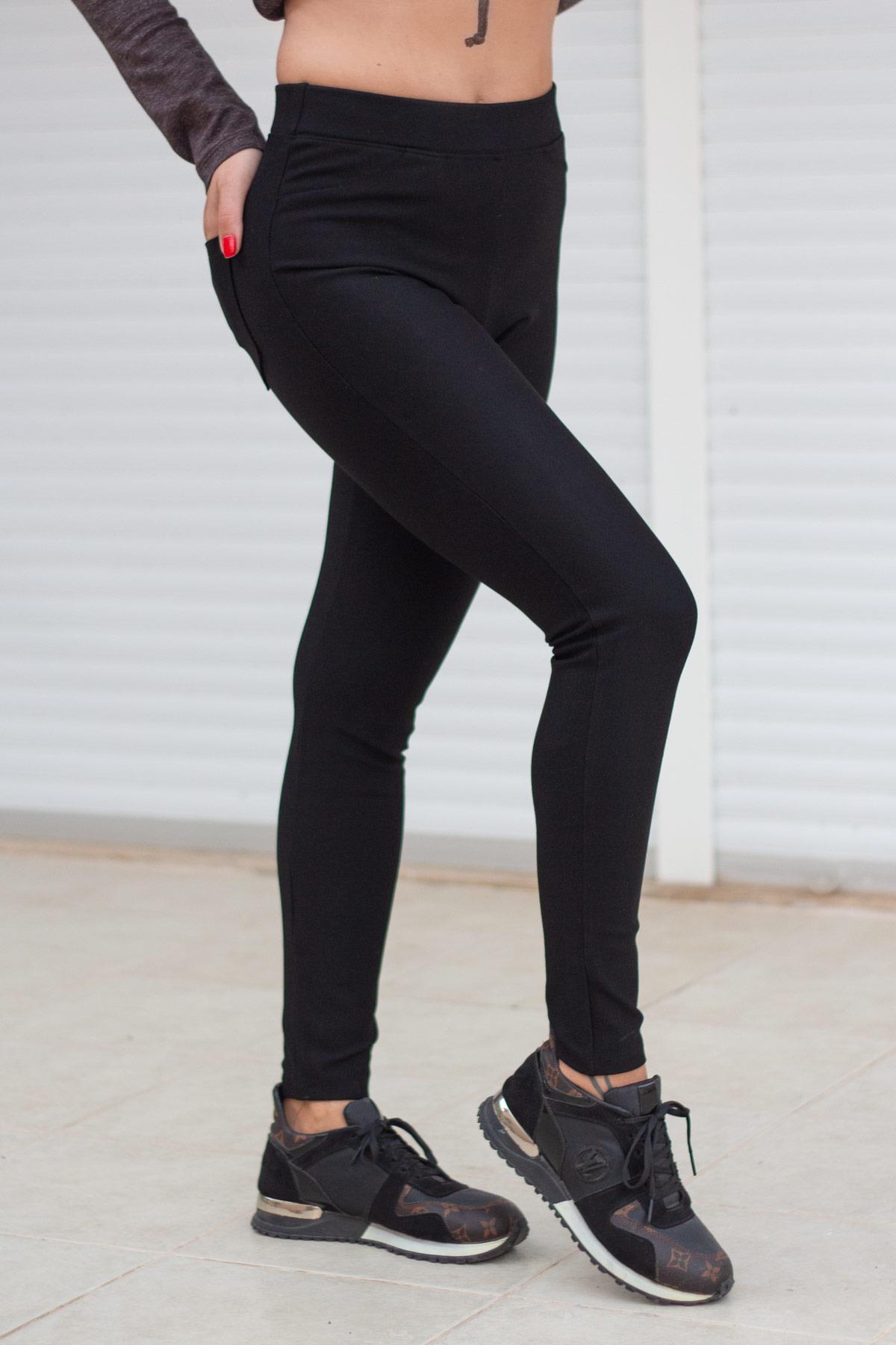 Kadın Siyah Pantolon Desen İki Cepli Mat Çelik Tayt 20KTYTPANT