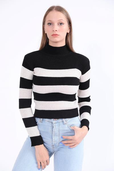 Kadın Siyah Yarım Balıkçı Yaka Çizgili Triko Kazak 21KKZKBYEZ