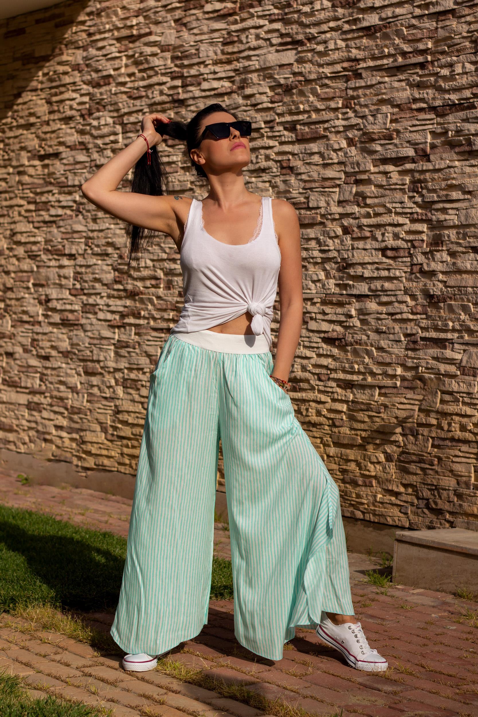 Kadın Turkuaz Beli Lastikli Alaçatı Model Kulaklı Fitilli Şalvar 22KPNTPACA