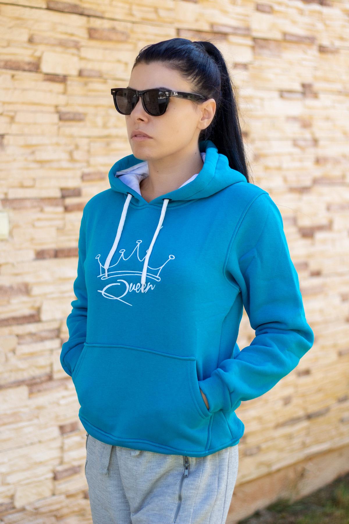 Kadın Turkuaz Ekstra Kalın Kanguru Cep Kapüşonlu Bel Lastikli Sweatshirt 21KSWTKANG