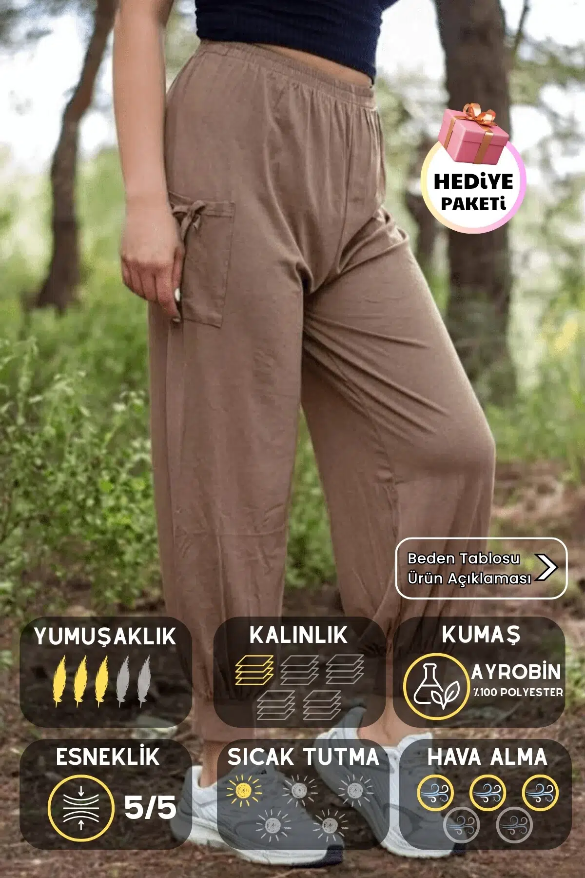 Kadın Vizon Belden Lastikli Ayrobin Bilek Lastikli Şalvar Pantolon 24KSLVMUSA