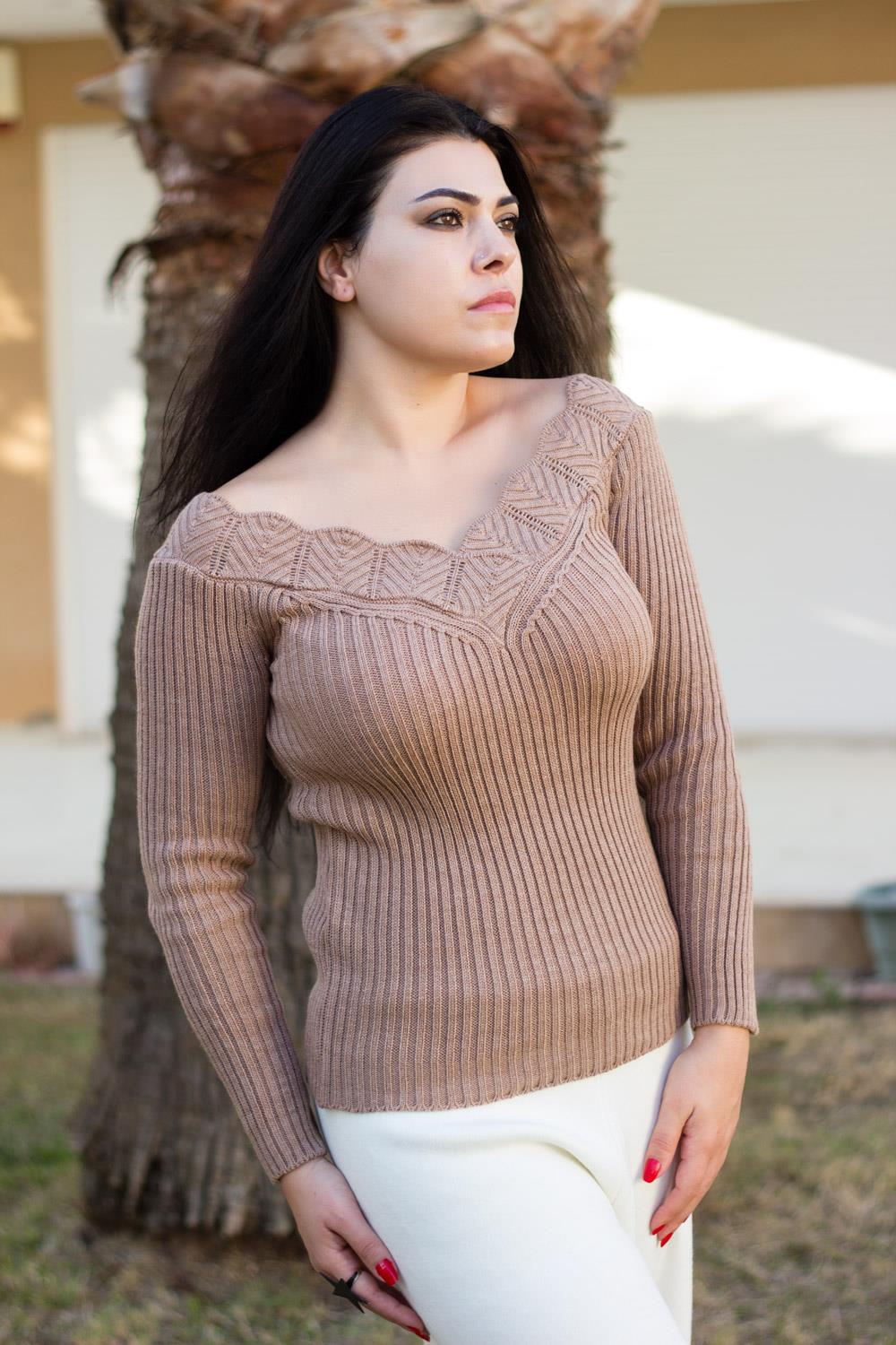 Kadın Vizon Ön Arka V Yaka Fitilli Triko Kazak 20KKZKVALK