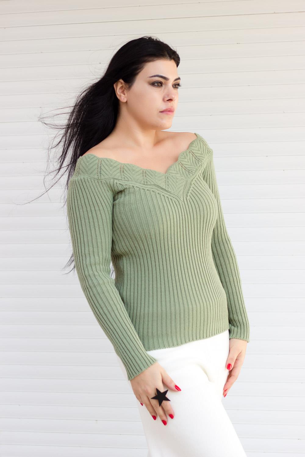 Kadın Yeşil Çağla Ön Arka V Yaka Fitilli Triko Kazak 20KKZKVALK