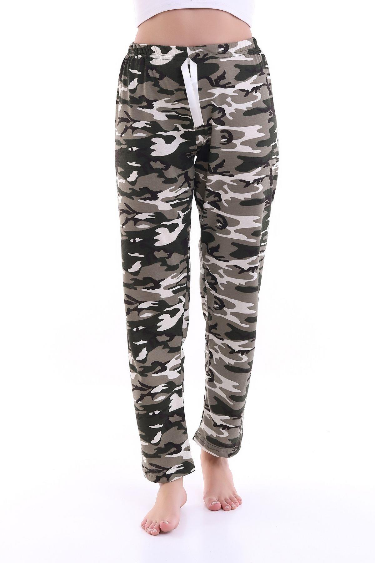 Kadın Yeşil Haki Kurdele Süslü Askeri Kamuflaj Desen Pijama Altı 22KPJAKAMF