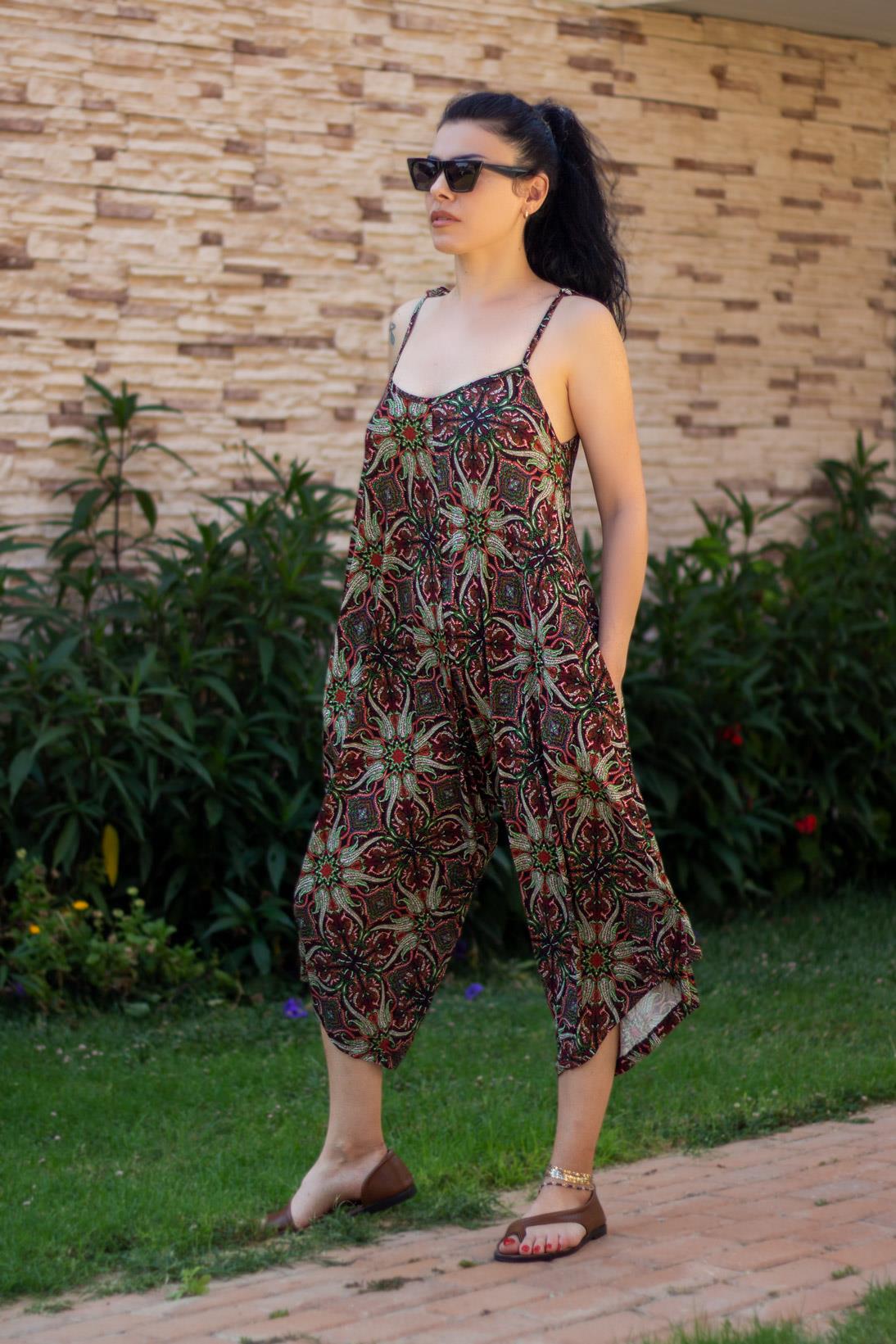 Kahve Askılı Cepli Salaş Rahat Kadın Şalvar Tulum Elbise 22KELBASSA