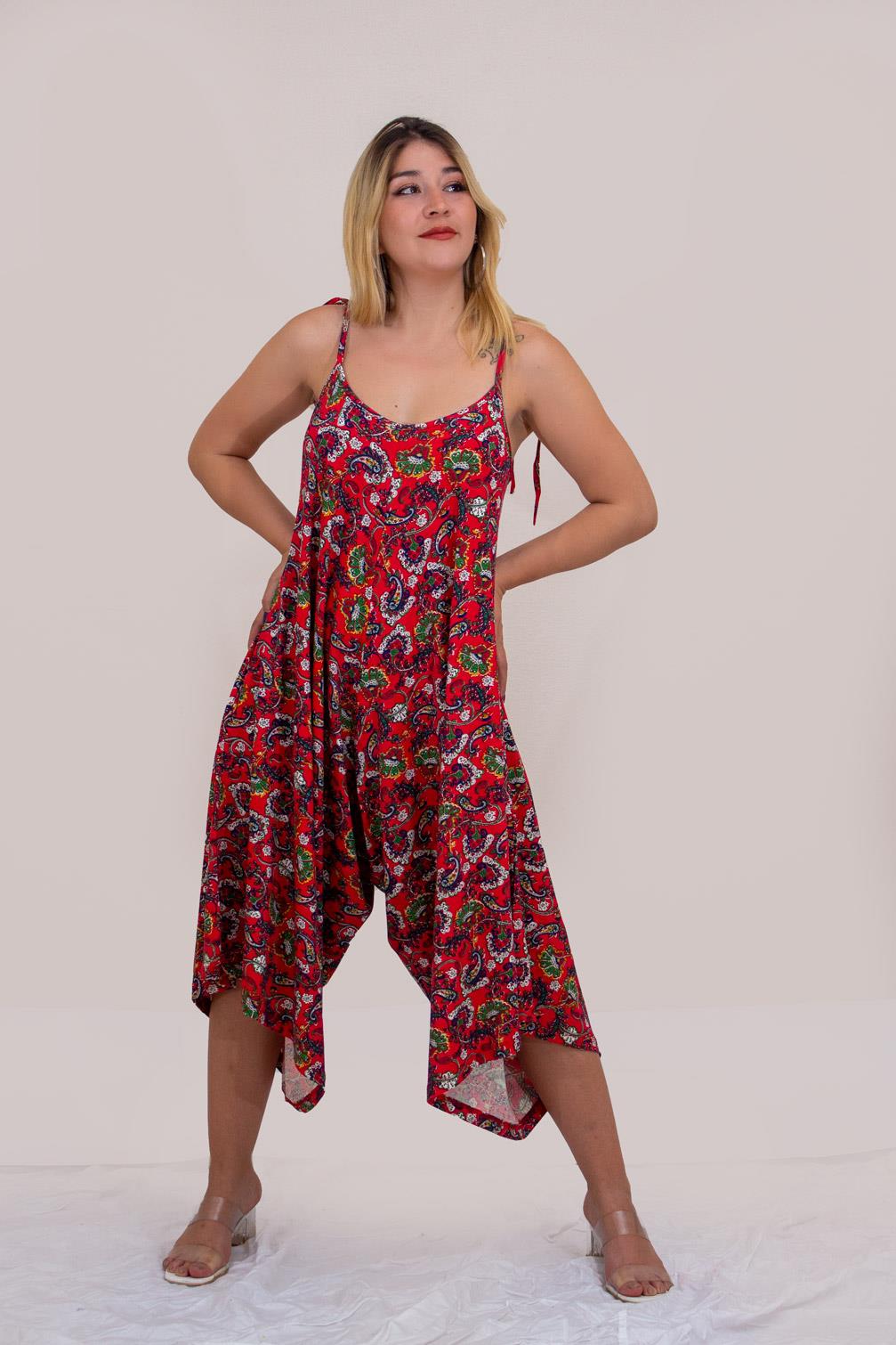 Kırmızı Askılı Cepli Salaş Rahat Kadın Şalvar Tulum Elbise 22KELBASSA