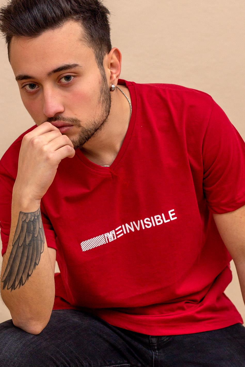 Kırmızı Invisible Baskılı Kısa Kollu V Yaka Erkek Tişört 20ETSHNVSB