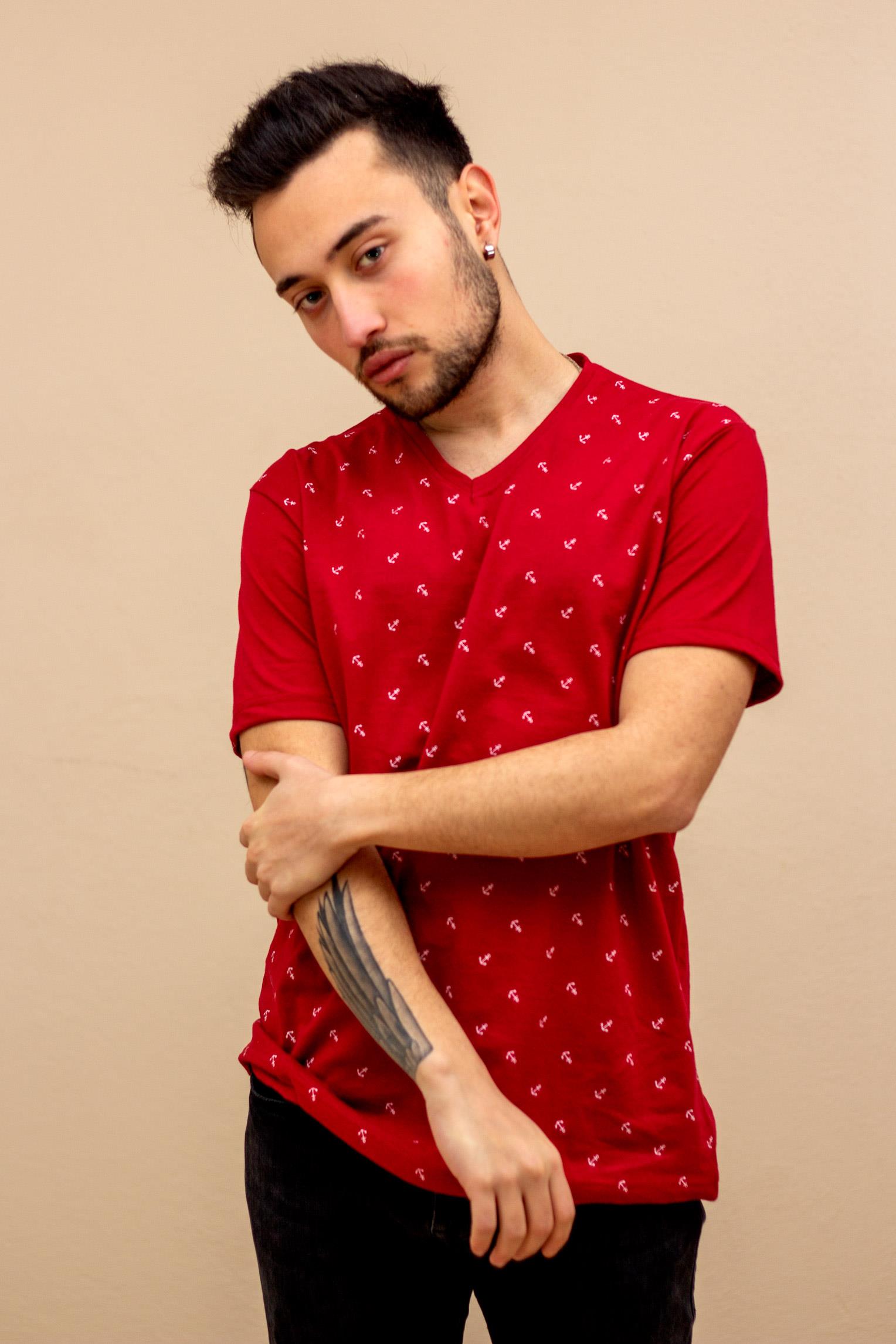 Kırmızı Çapa Baskılı Kısa Kollu V Yaka Erkek Tişört 22ETSHVCPA