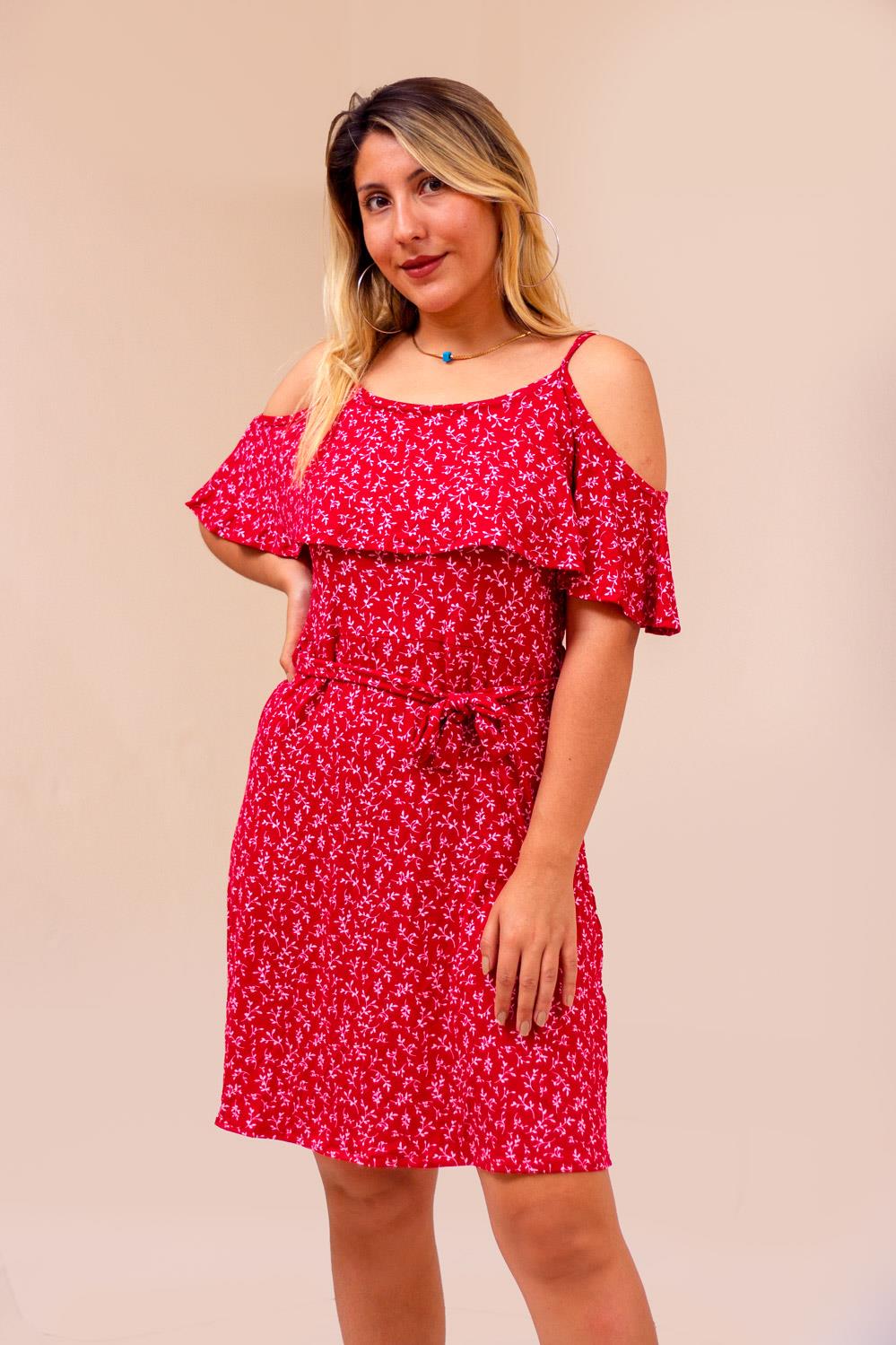 Kırmızı Çiçek Desenli İp Askılı Madonna Yaka Kuşaklı Elbise 22KELBASPA