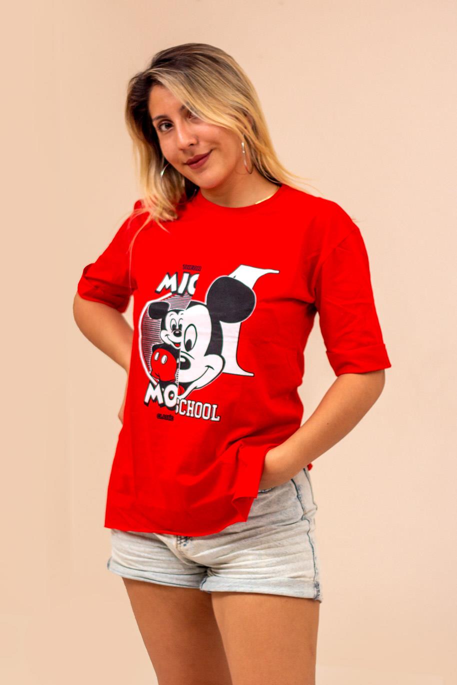 Kırmızı Mickey Mouse Baskılı Yırtmaçlı Duble Kol Kadın Tişört 22KTSHMICK