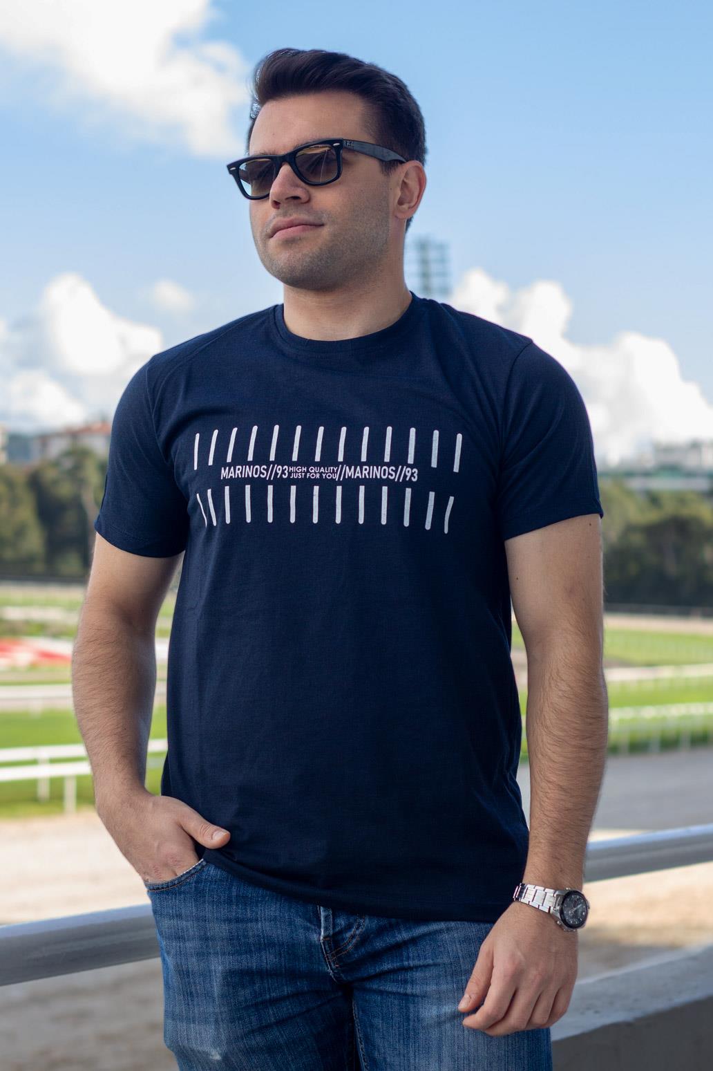 Lacivert Çizgi Baskılı Normal Kesim Bisiklet Yaka Erkek Tişört 22ETSHMROS