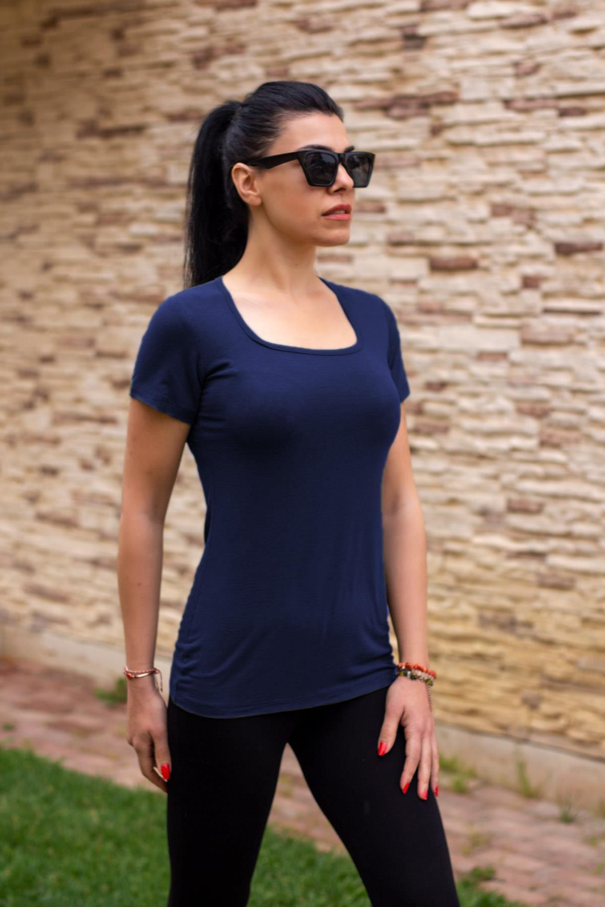 Lacivert Kısa Kollu Pamuk Kare Yaka İnce Kadın Body 21KBDYKKRE