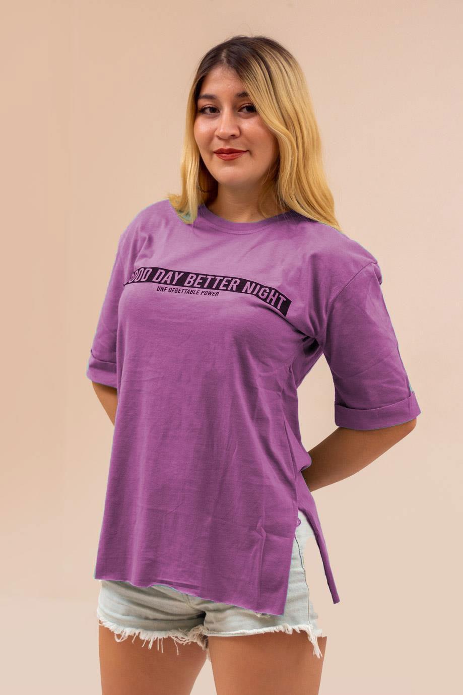Lila Good Day Better Night Yazılı Yırtmaçlı Doble Kol Kadın Tişört 22KTSHGOOD