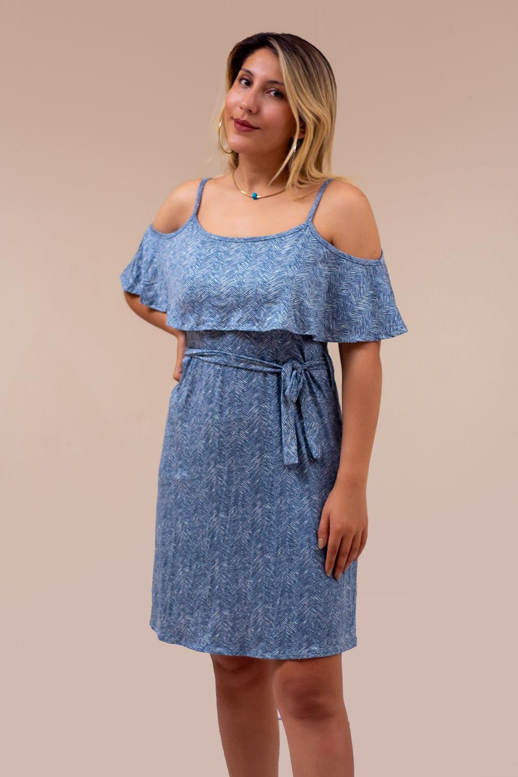 Mavi Çizgili Desen İp Askılı Madonna Yaka Kuşaklı Elbise 22KELBASPA