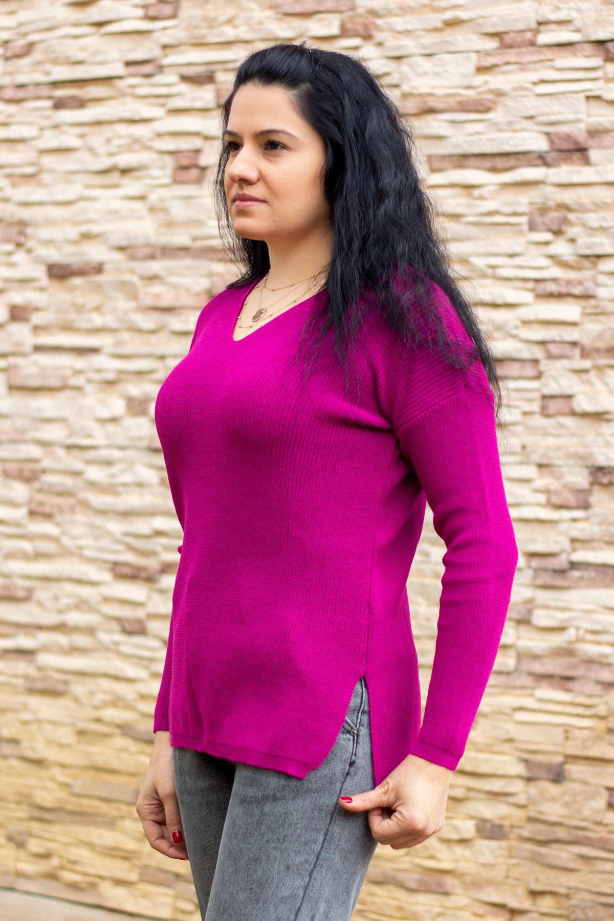 Mürdüm V Yaka Yırtmaçlı Fitilli Tiko Kadın Tunik Kazak 20KKZKYRTC