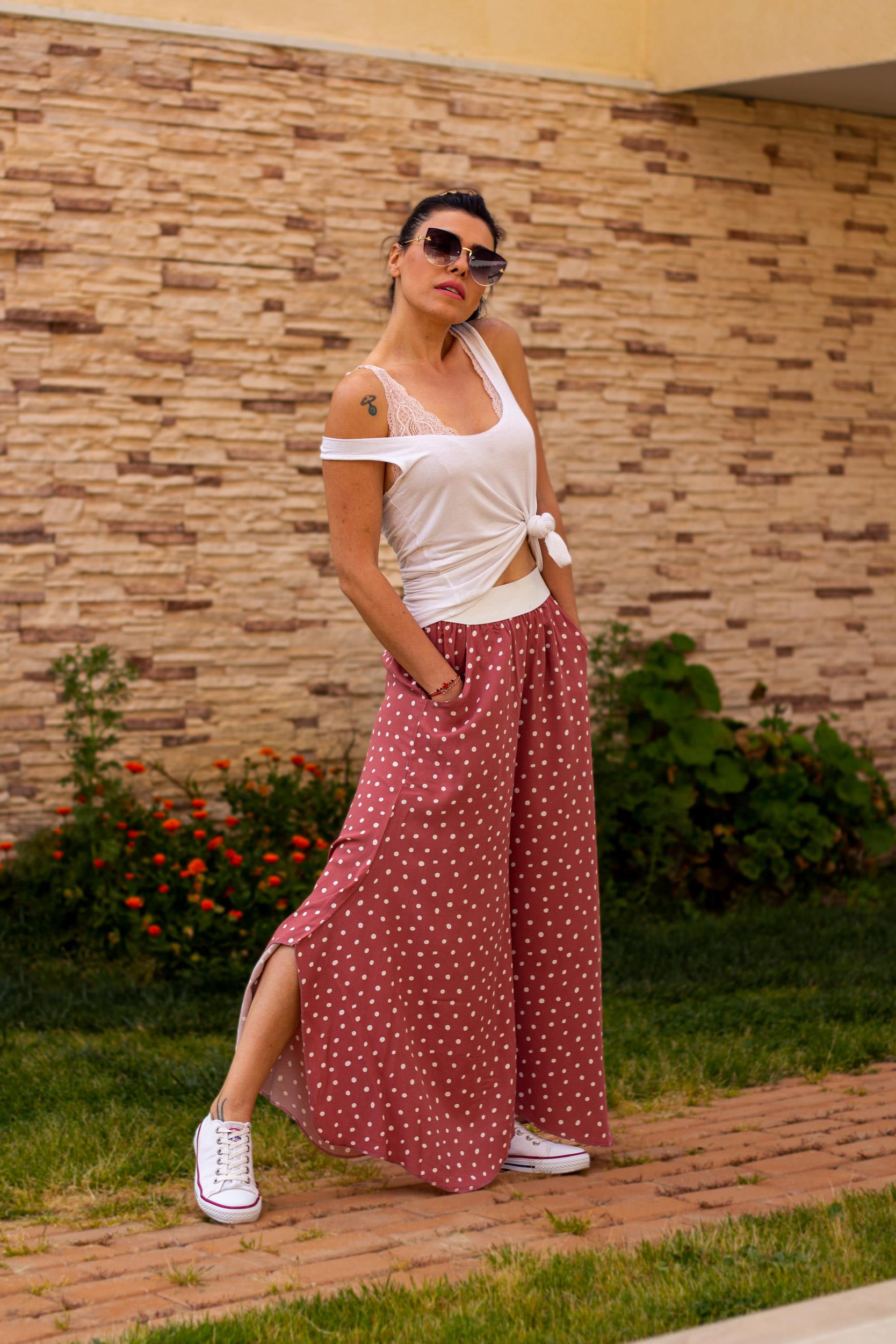 Beli Lastikli Alaçatı Model Kulaklı Puantiyeli Kadın Pembe Şalvar 22KPNTPACA