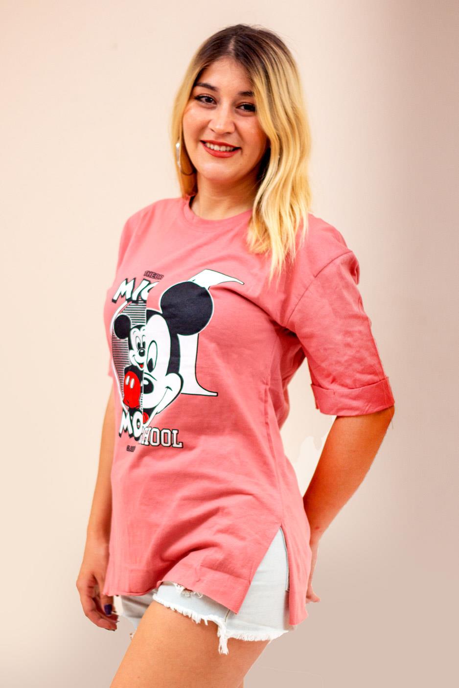 Pembe Mickey Mouse Baskılı Yırtmaçlı Duble Kol Kadın Tişört 22KTSHMICK