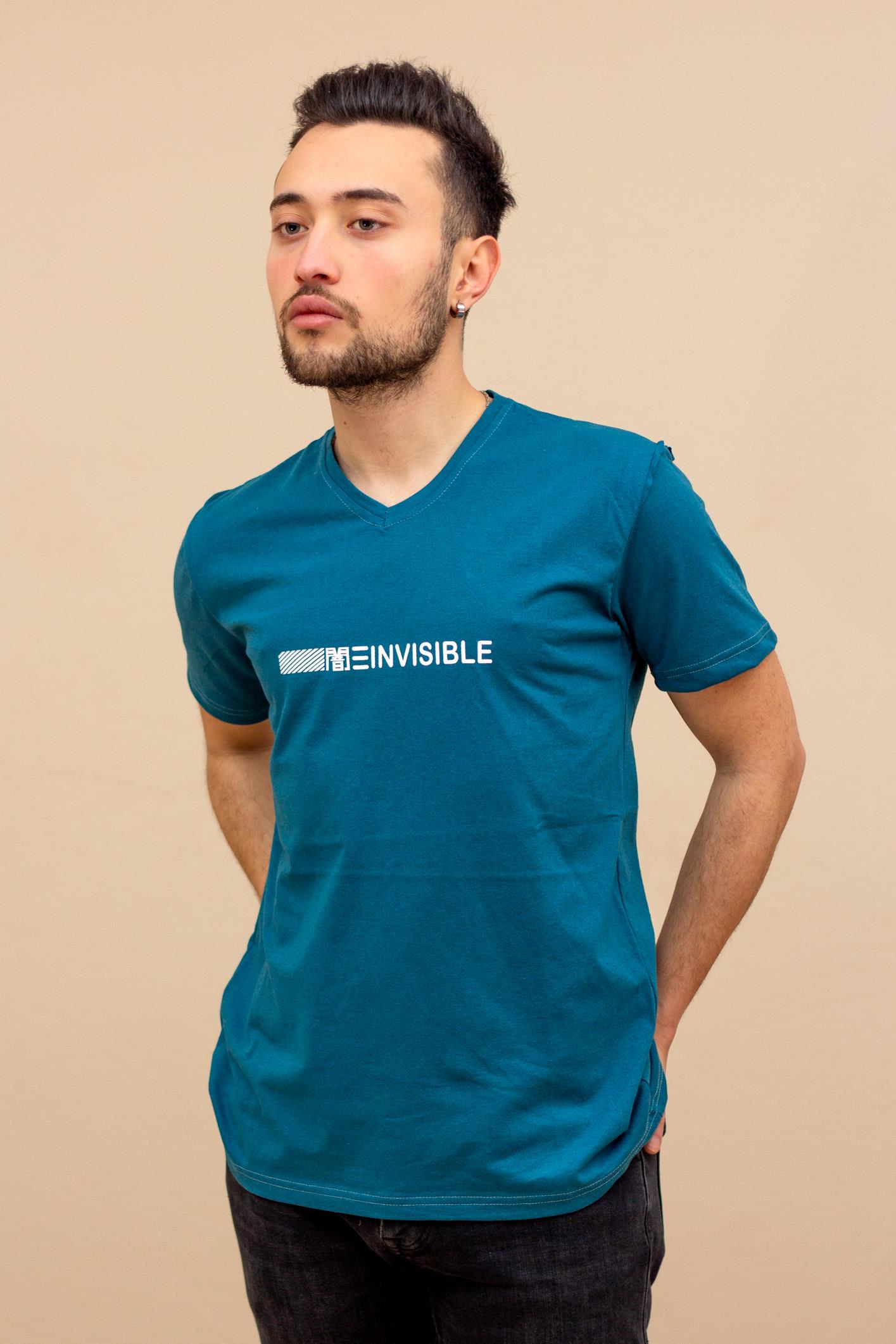 Petrol Yeşili Invisible Baskılı Kısa Kollu V Yaka Erkek Tişört 20ETSHNVSB