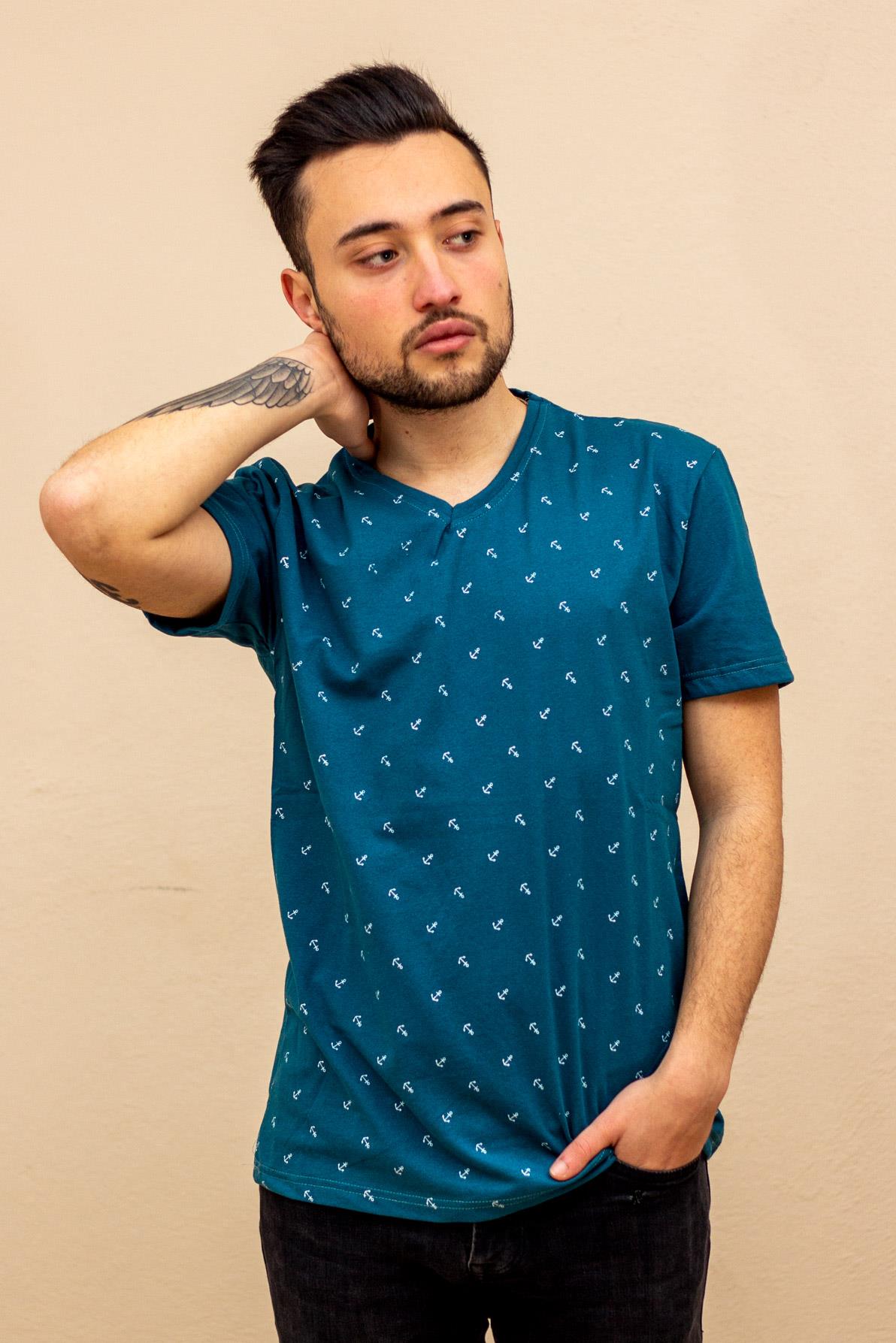 Petrol Yeşili Çapa Baskılı Kısa Kollu V Yaka Erkek Tişört 22ETSHVCPA